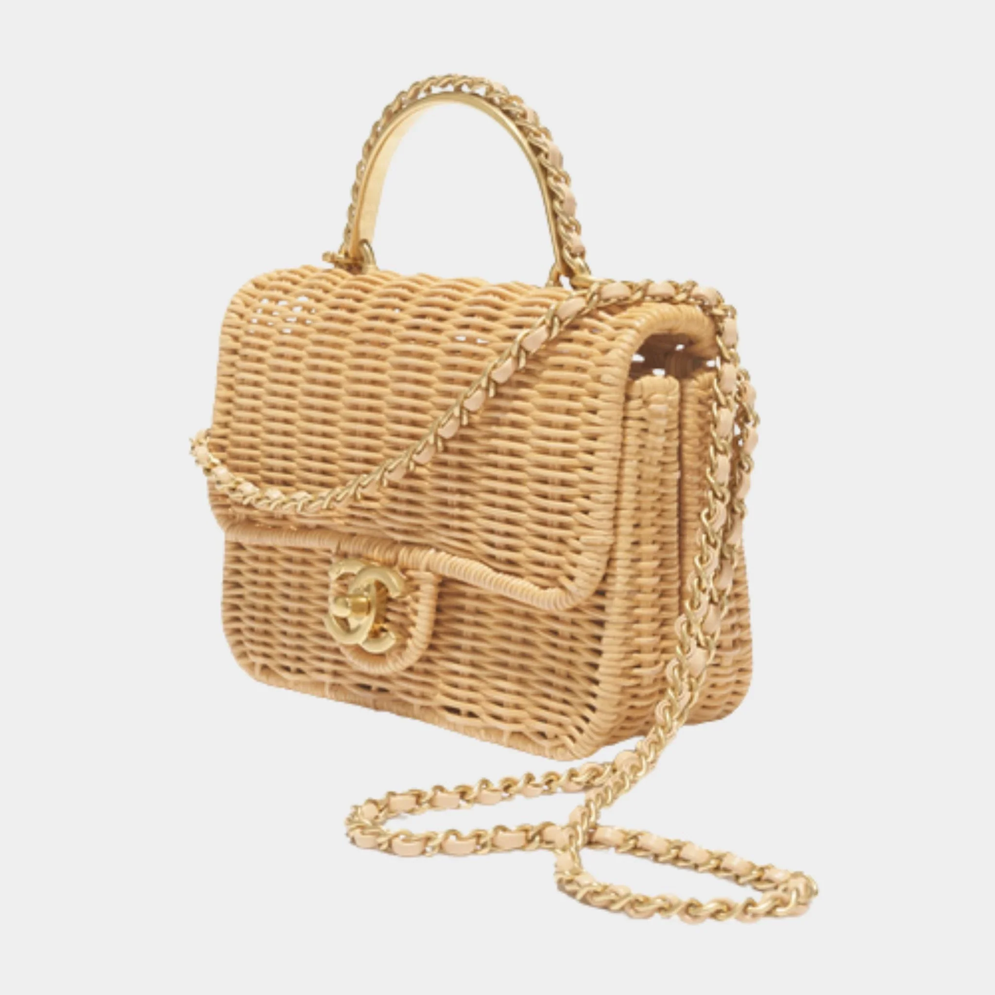 Mini Flap Bag with Top handle Braided Raffia & Gold-Tone Metal - Image 2