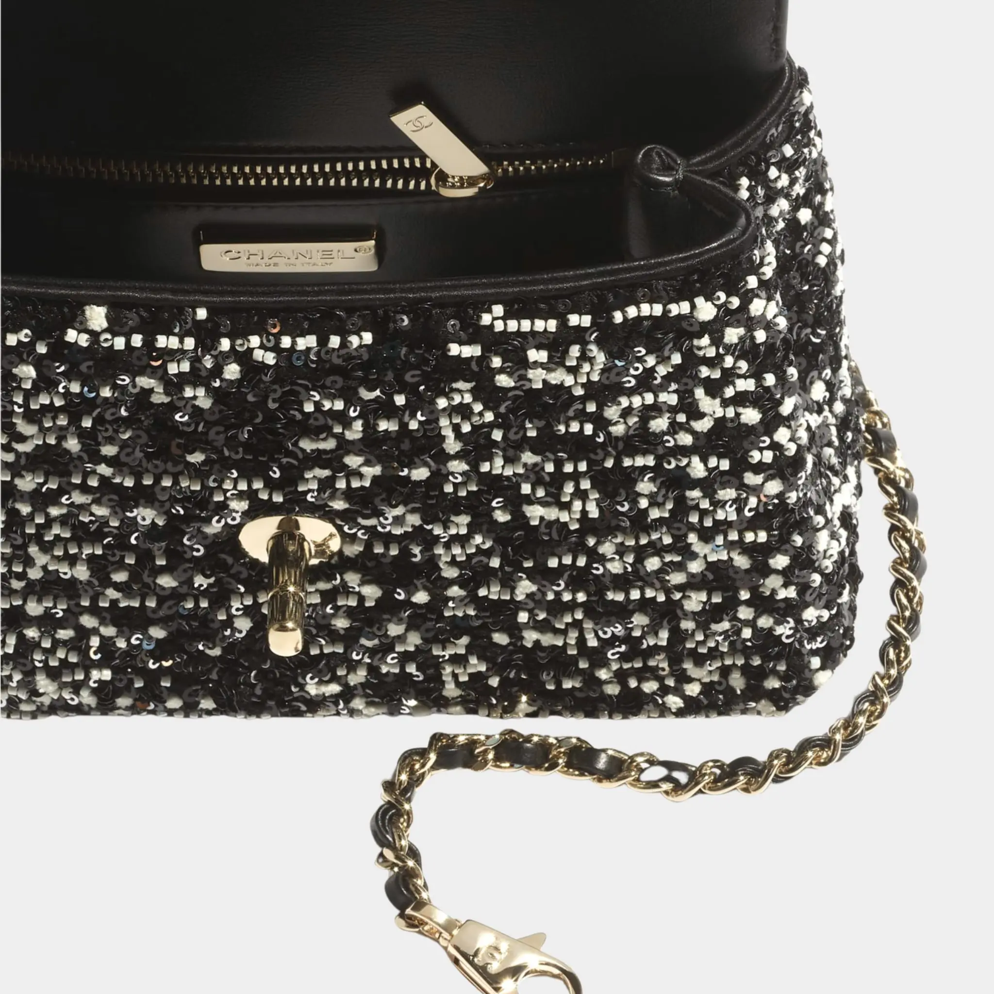 Mini Flap Bag With Top Handle Pearls Sequins Lambskin & Gold-Tone Metal - Image 3