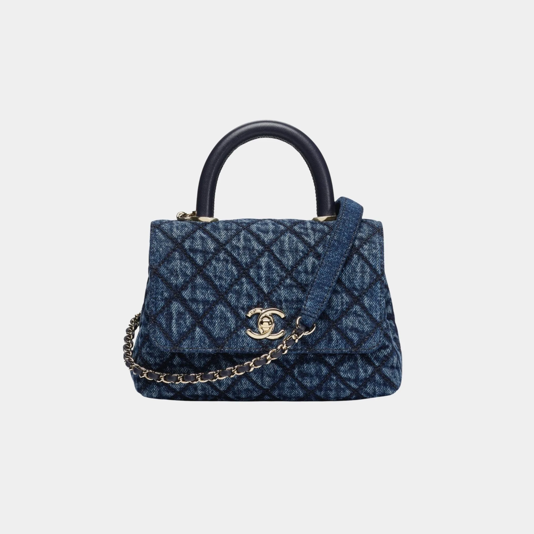 Mini Flap Bag With Top Handle Washed Denim Calfskin & Gold Tone Metal