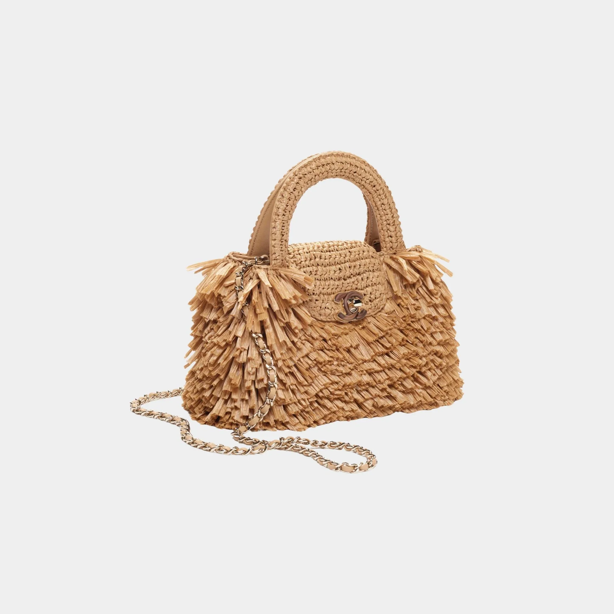 Mini Tote Bag Fringed Raffia Wood & Gilded Metal Dark beige
