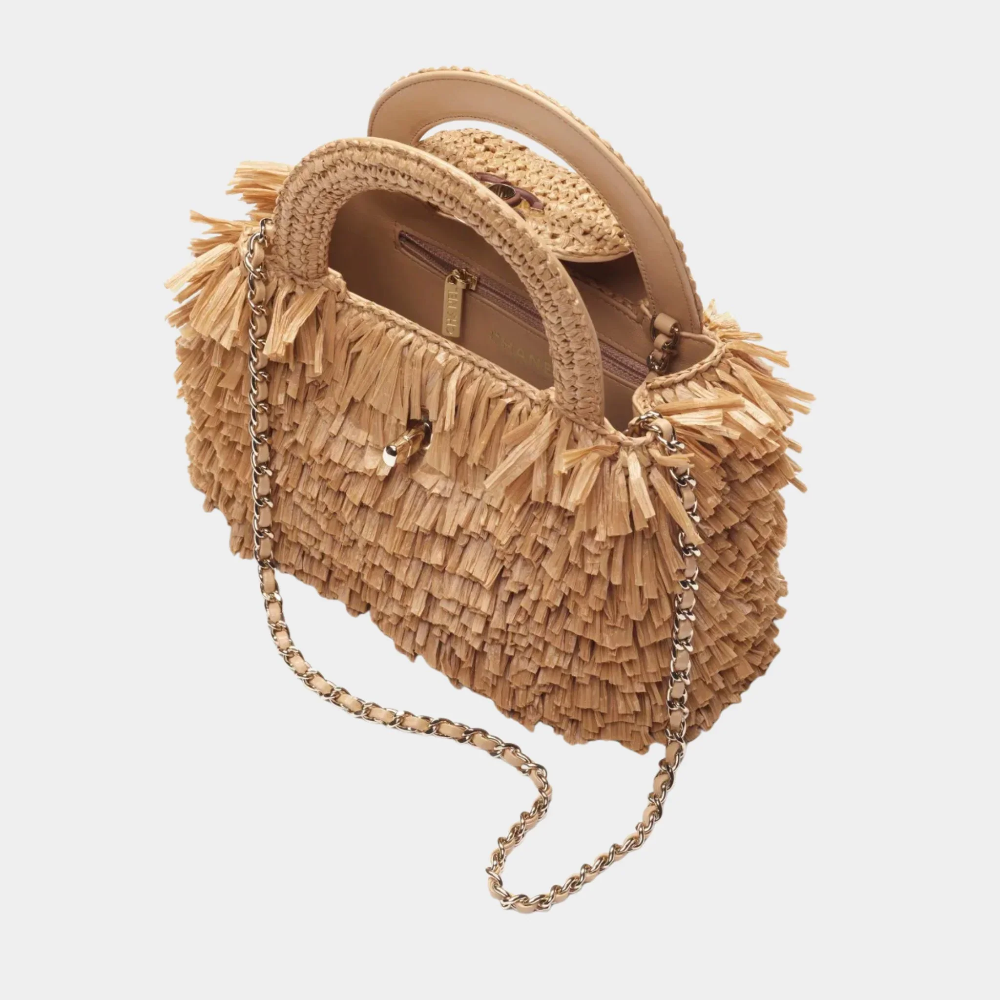 Mini Tote Bag Fringed Raffia Wood & Gilded Metal Dark beige - Image 2