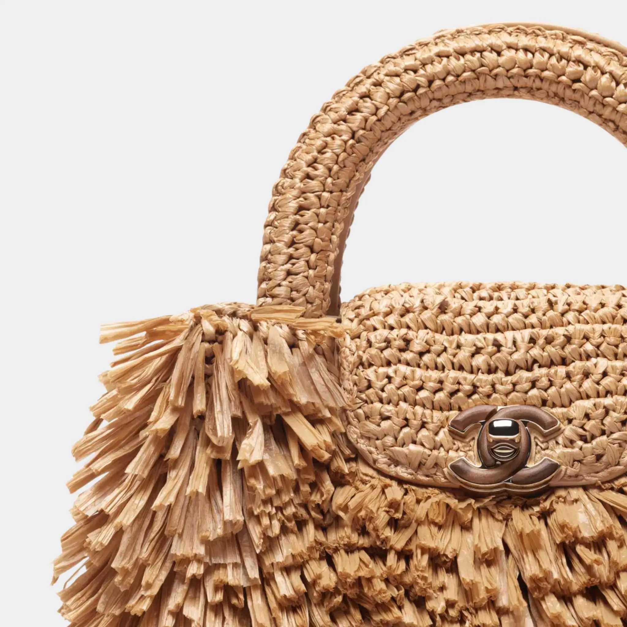 Mini Tote Bag Fringed Raffia Wood & Gilded Metal Dark beige - Image 3