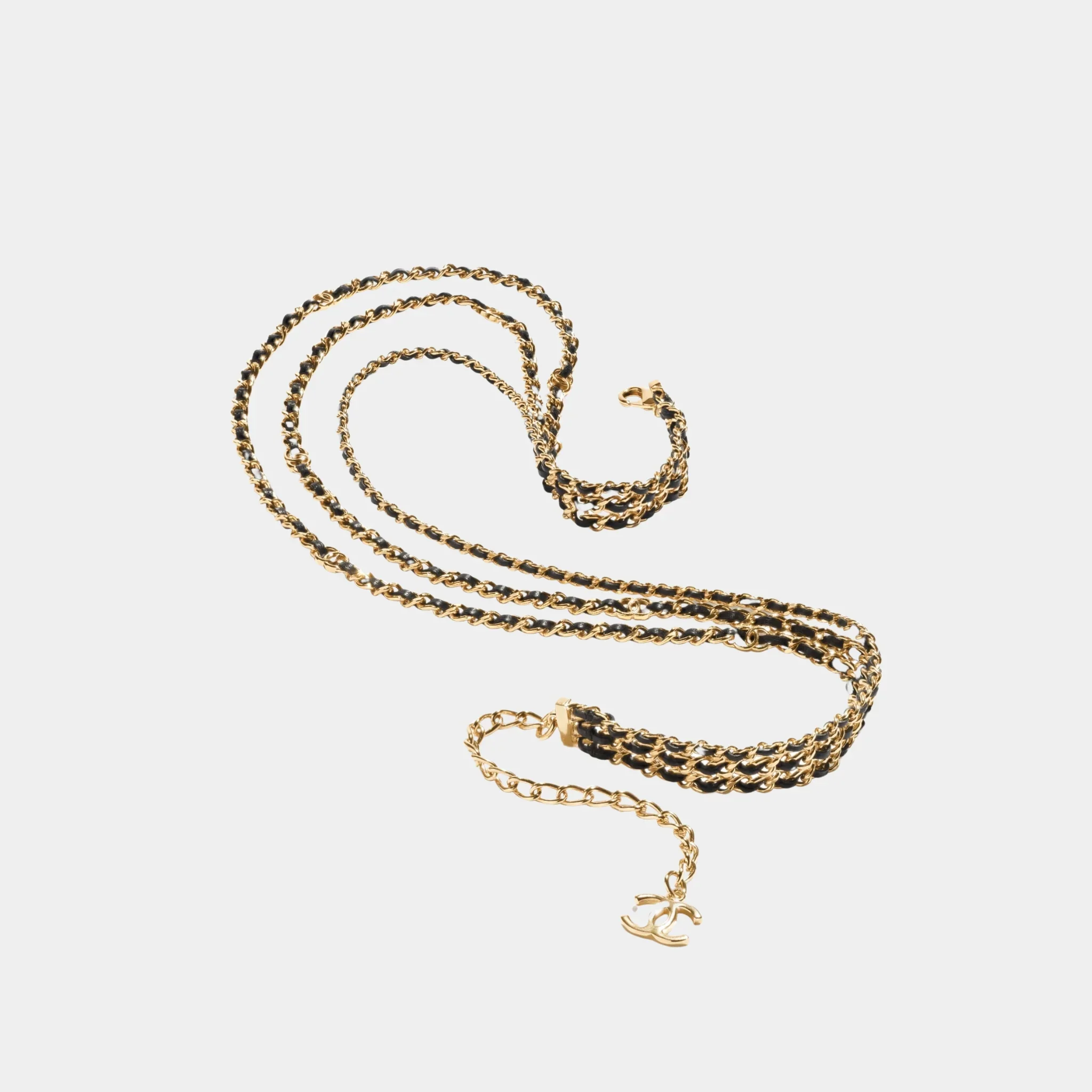 Multi Strand Necklace in Gold Metal and Black Lambskin - Image 2