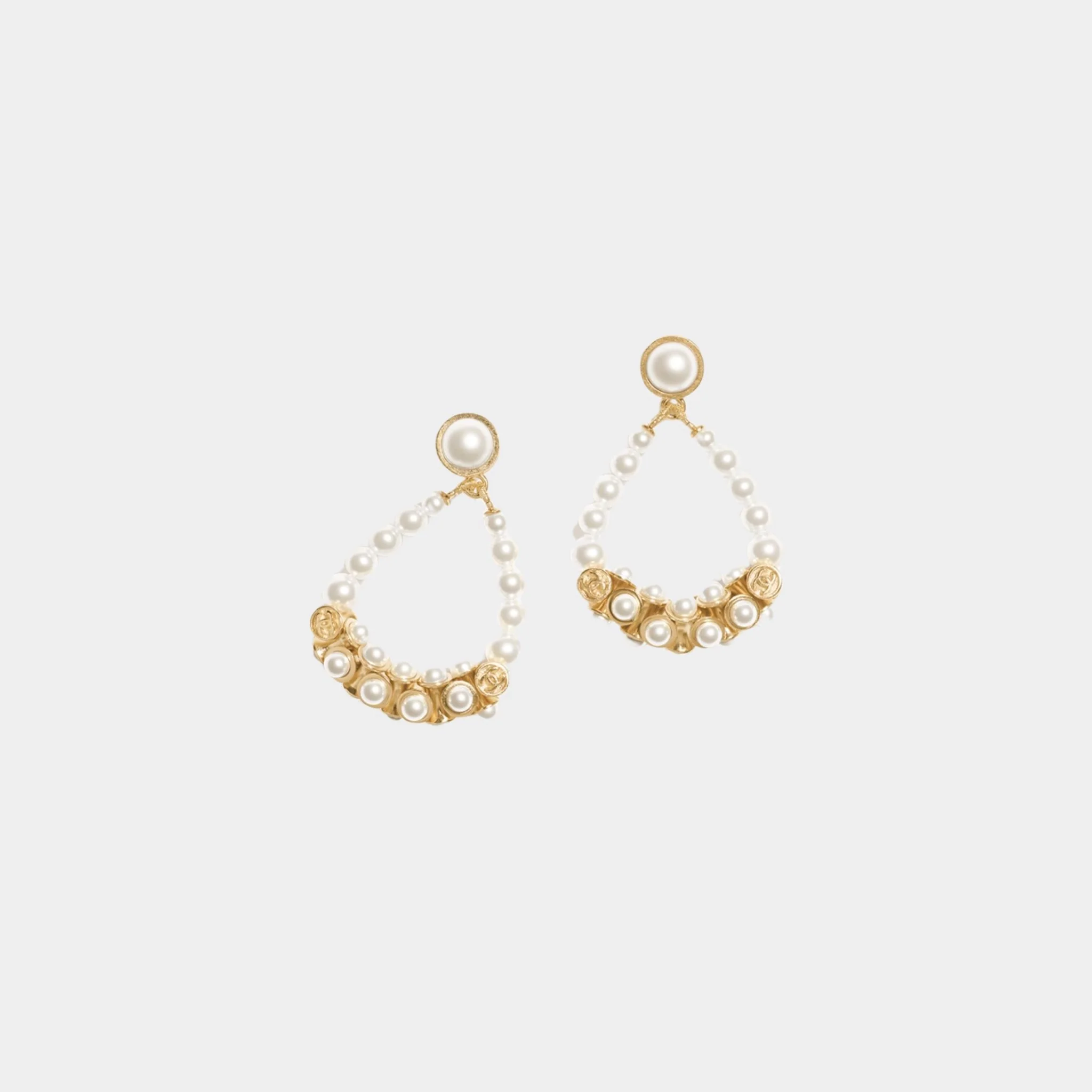 Pendant Earrings Metal & Glass Pearls Gold & Pearly White