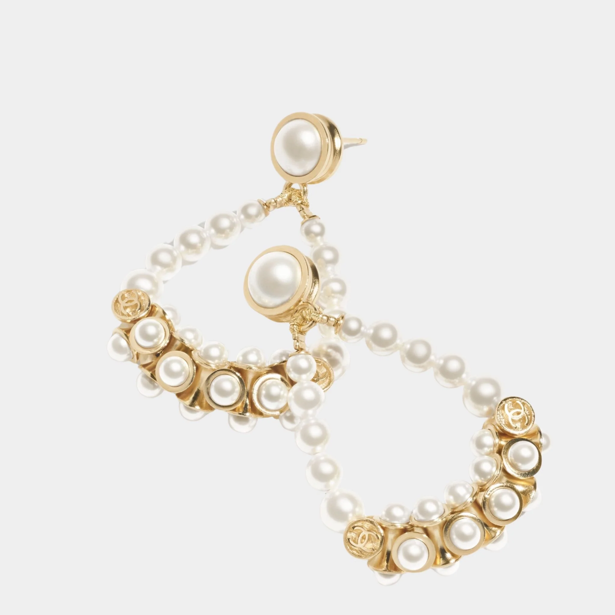 Pendant Earrings Metal & Glass Pearls Gold & Pearly White - Image 2