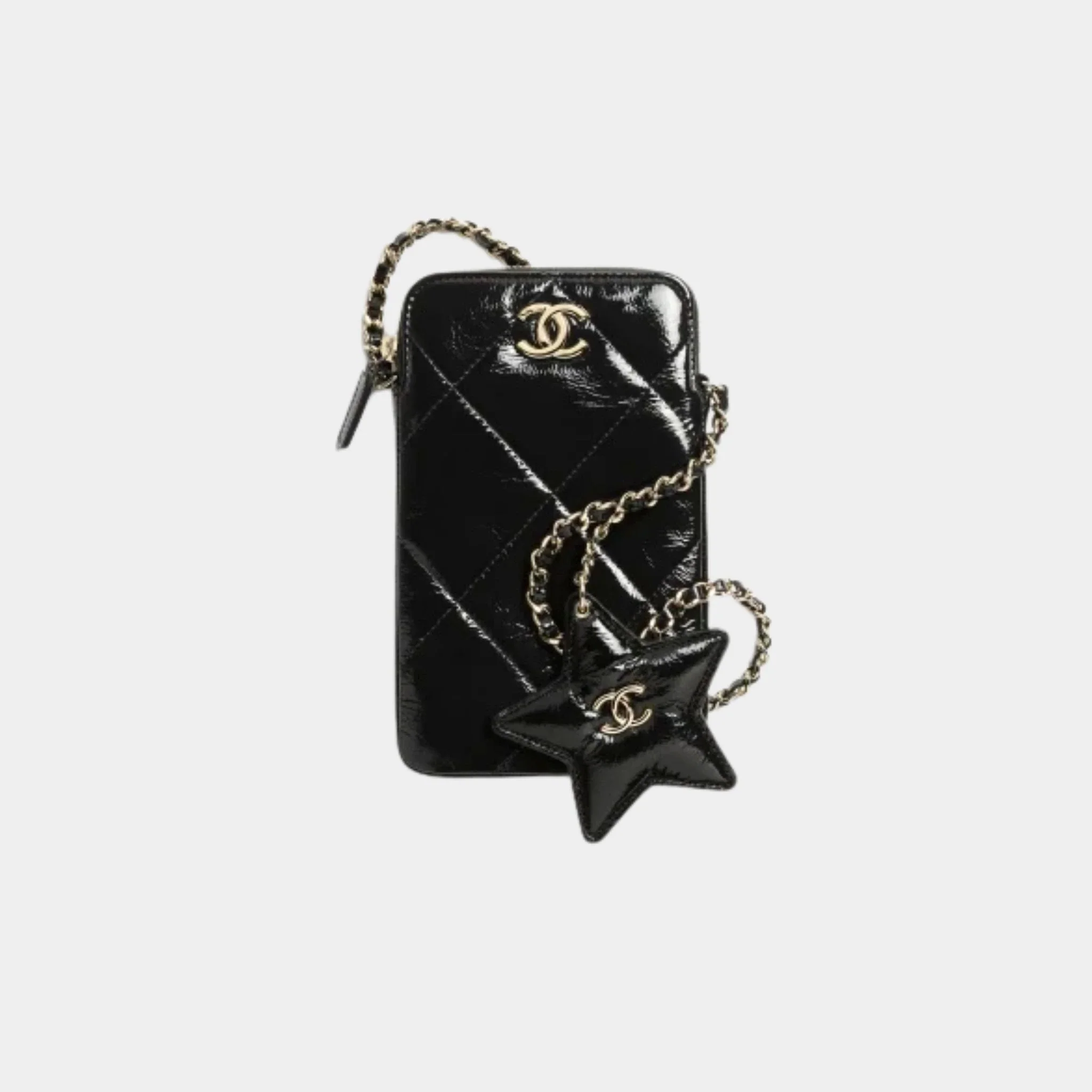 Phone case with chain Black Shiny Crumpled Calfskin