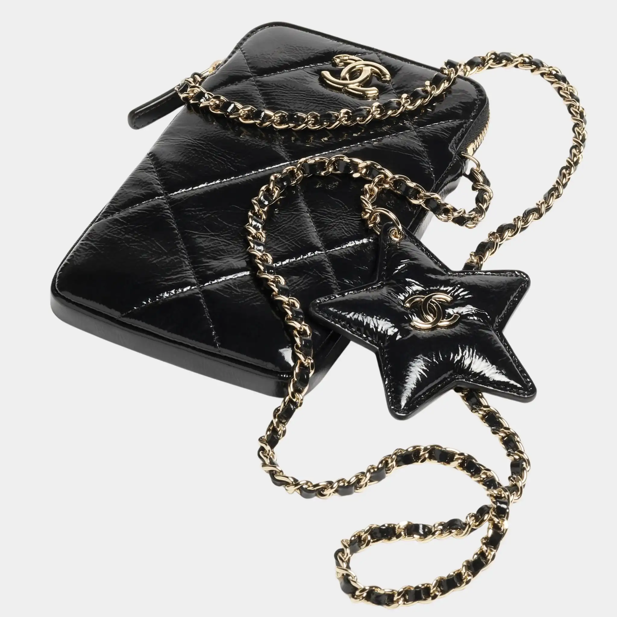 Phone case with chain Black Shiny Crumpled Calfskin - Image 2