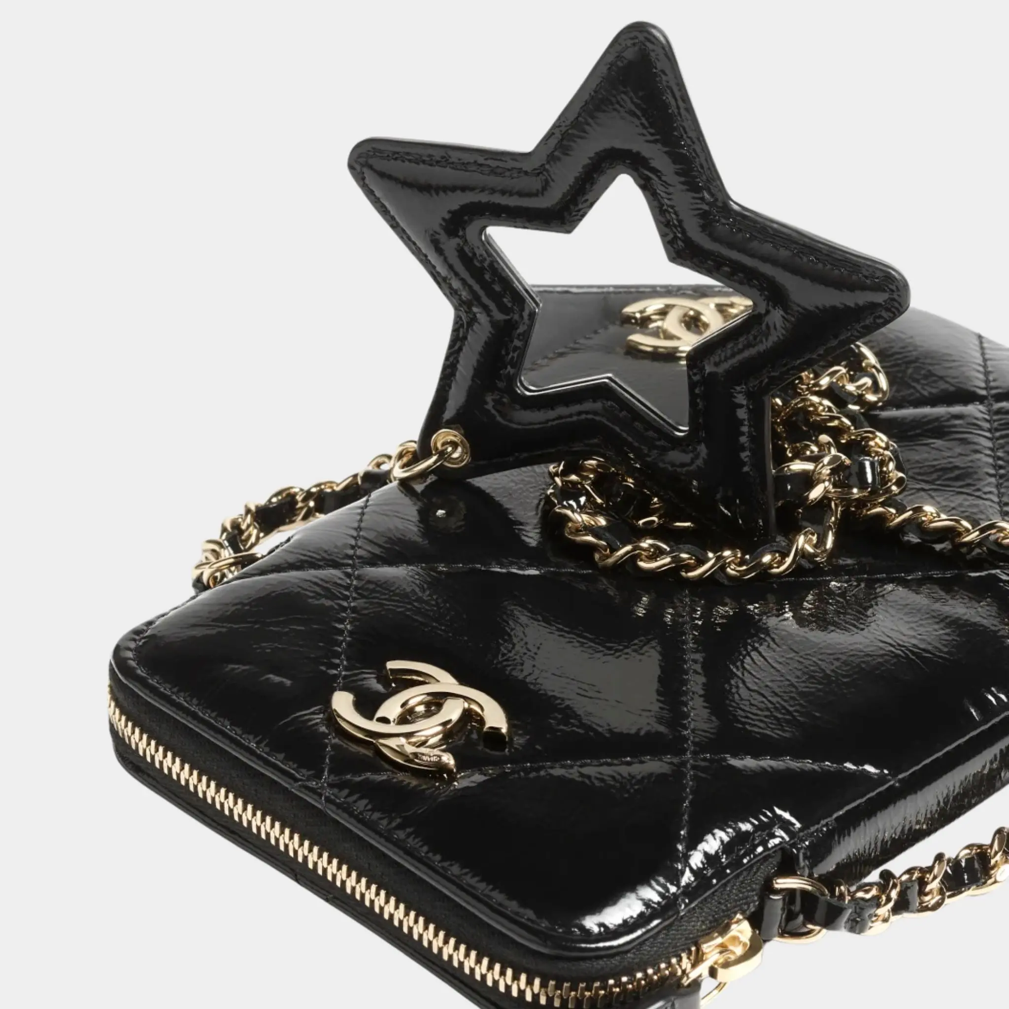 Phone case with chain Black Shiny Crumpled Calfskin - Image 3