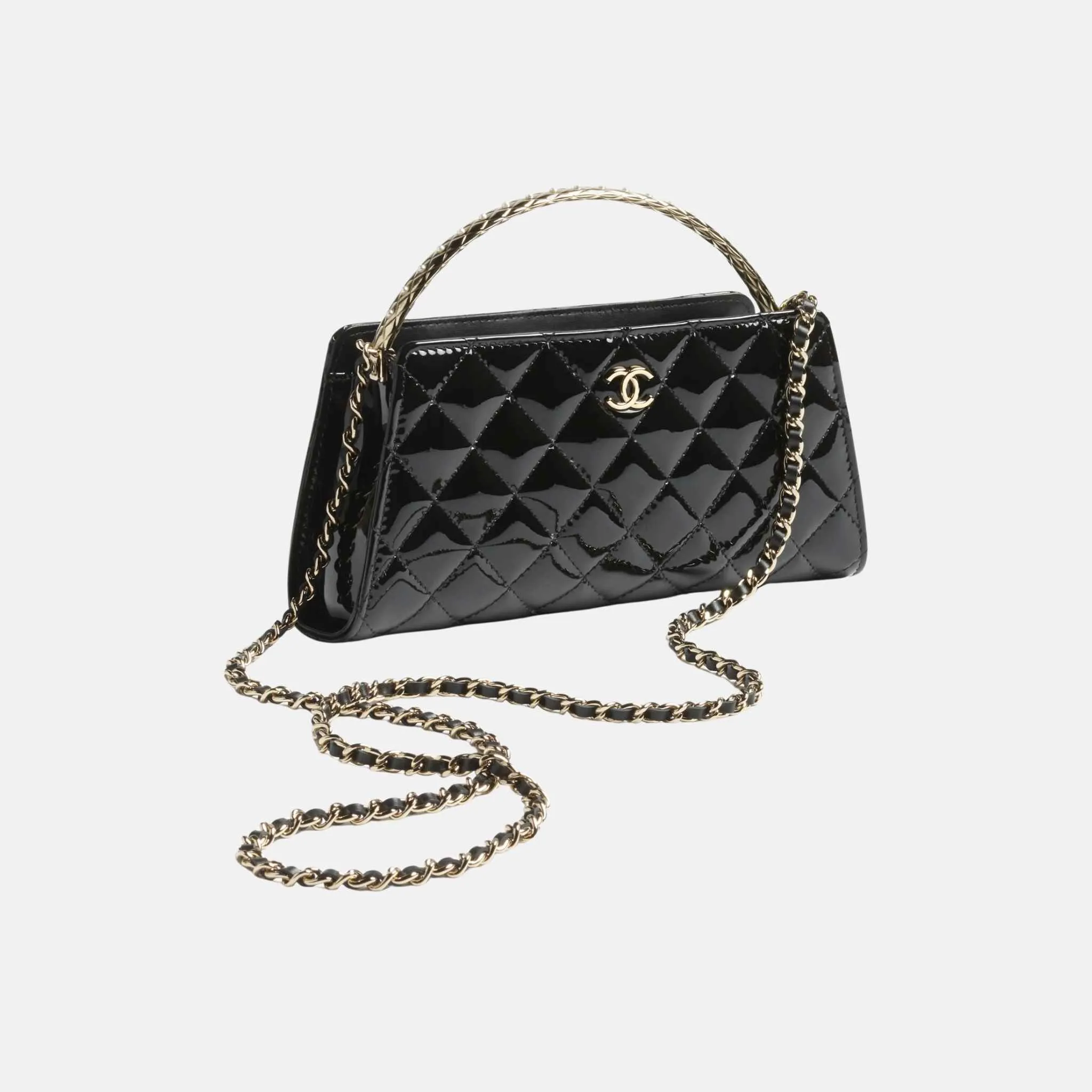 Pouch with Chain in Patent Calfskin and Pearls