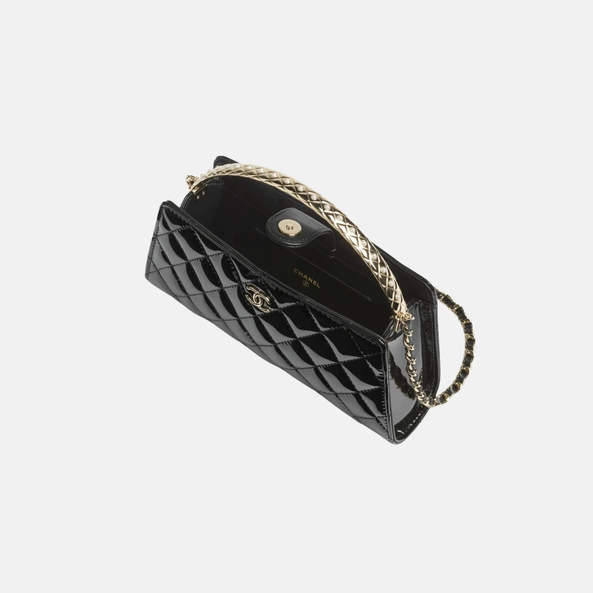 Pouch with Chain in Patent Calfskin and Pearls - Image 2