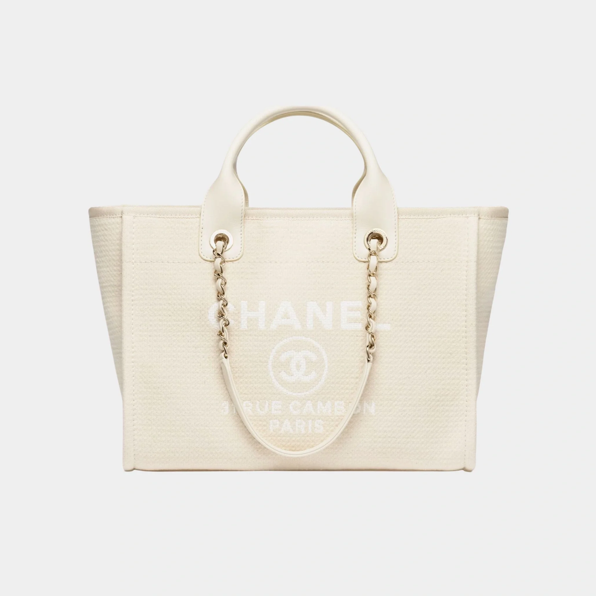 Shopping Bag Canvas & Gold Tone Metal Light Beige
