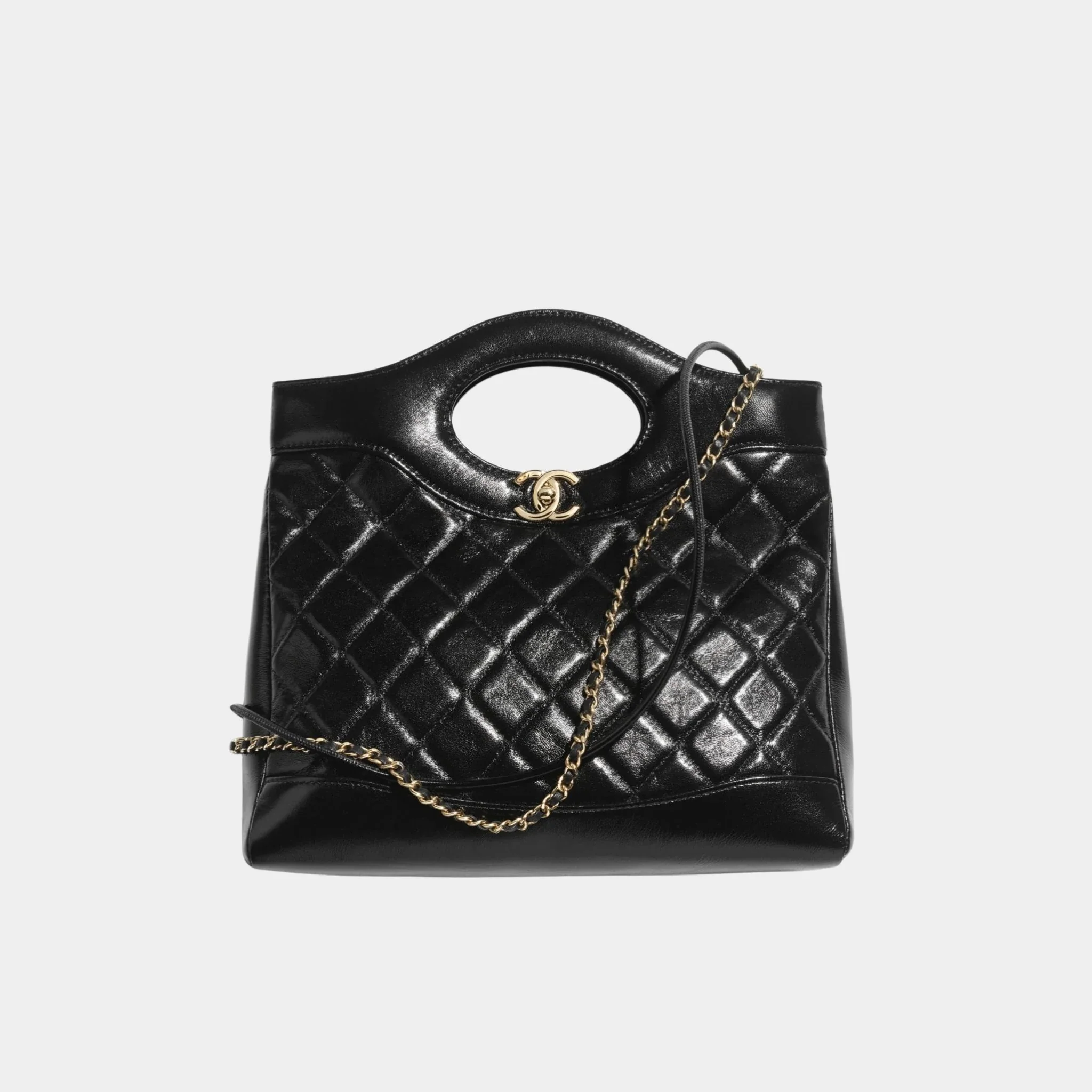 Shopping Bag Shiny Lambskin & Gold Tone Metal Black