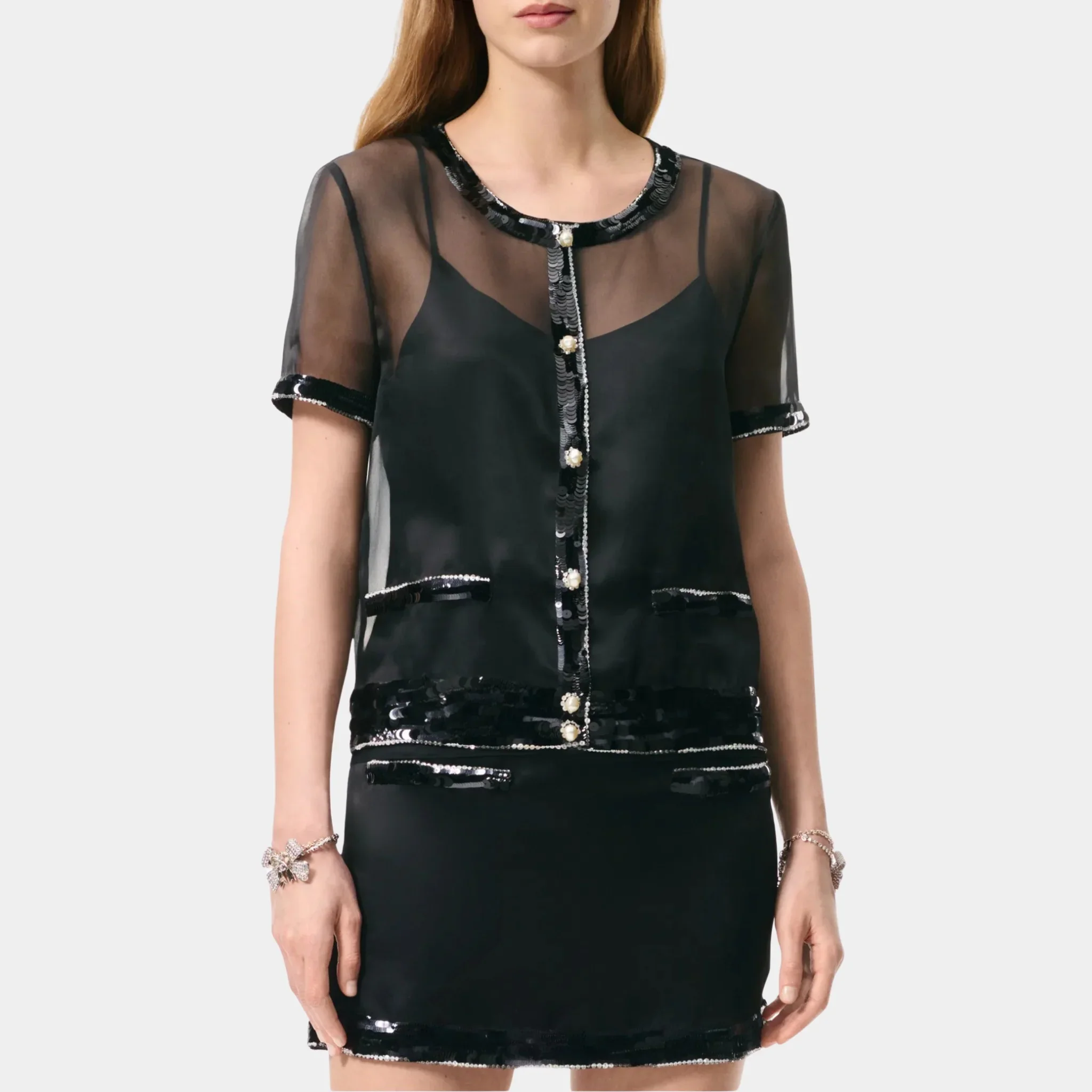 Short Sleeve Top Silk Organza Embroidered with Sequins