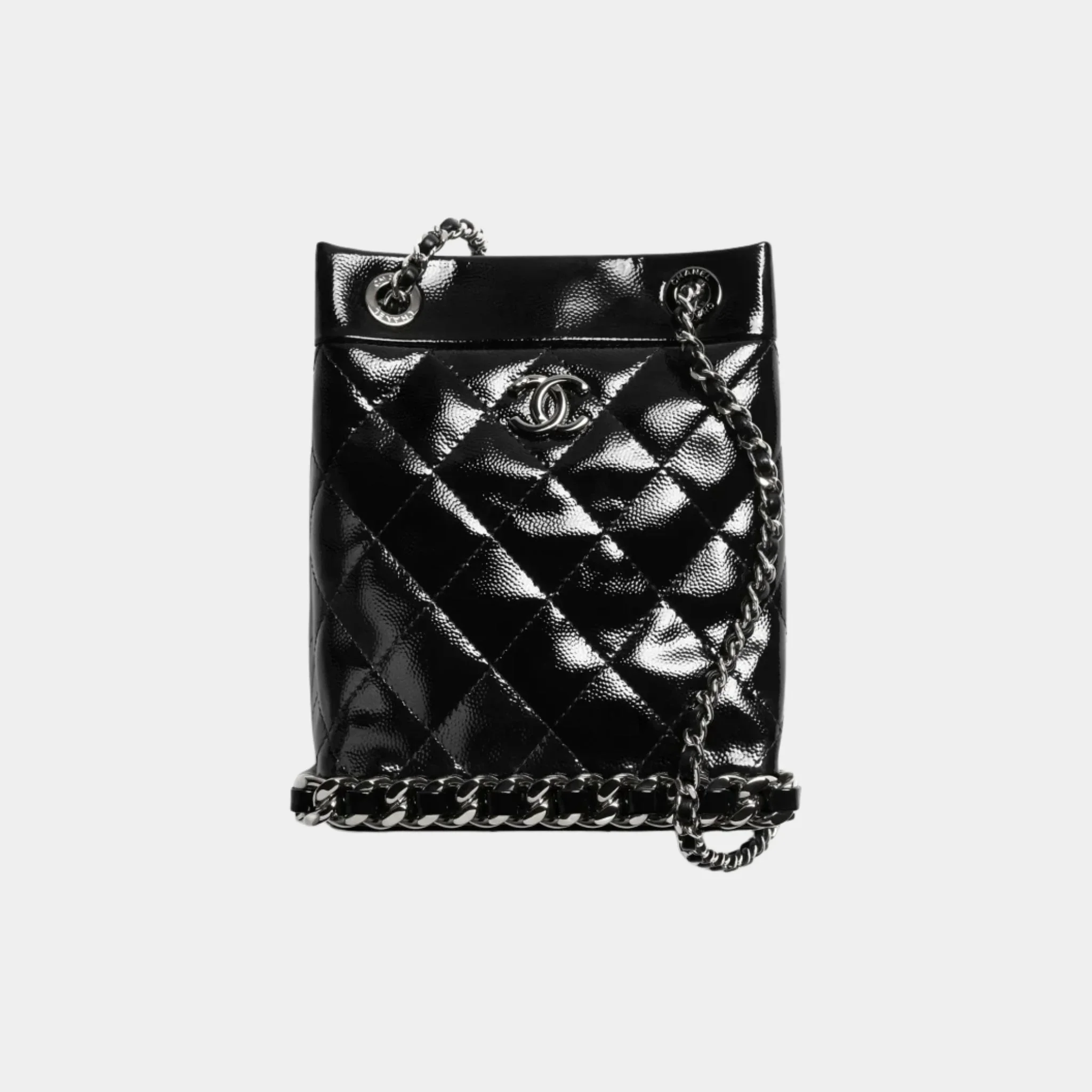 Small Bucket Bag Crumpled Patent Calfskin & Ruthenium-Finish Metal Black