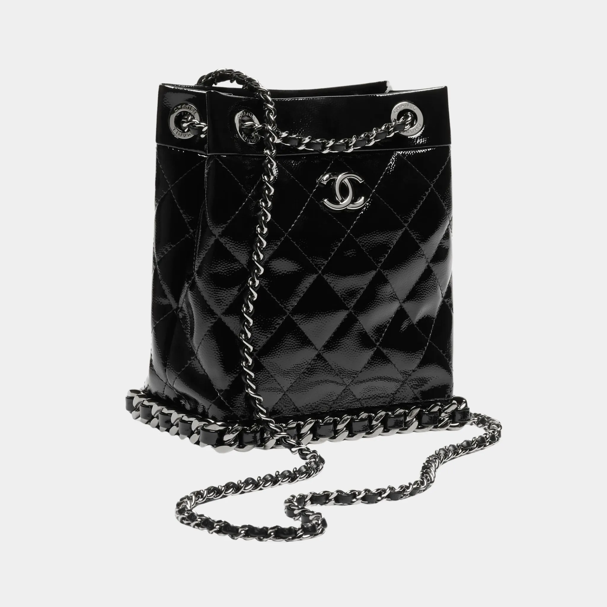 Small Bucket Bag Crumpled Patent Calfskin & Ruthenium-Finish Metal Black - Image 2