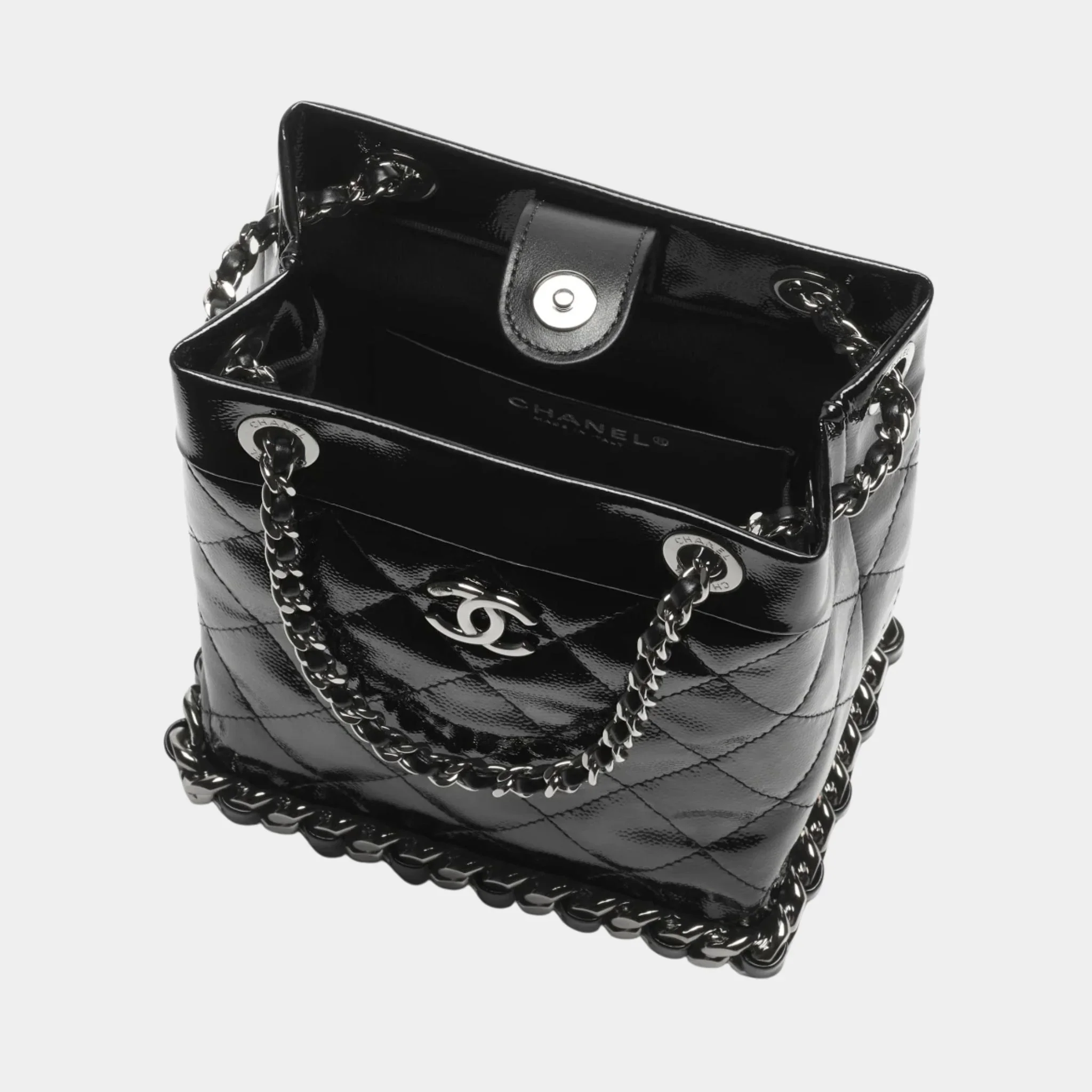 Small Bucket Bag Crumpled Patent Calfskin & Ruthenium-Finish Metal Black - Image 3