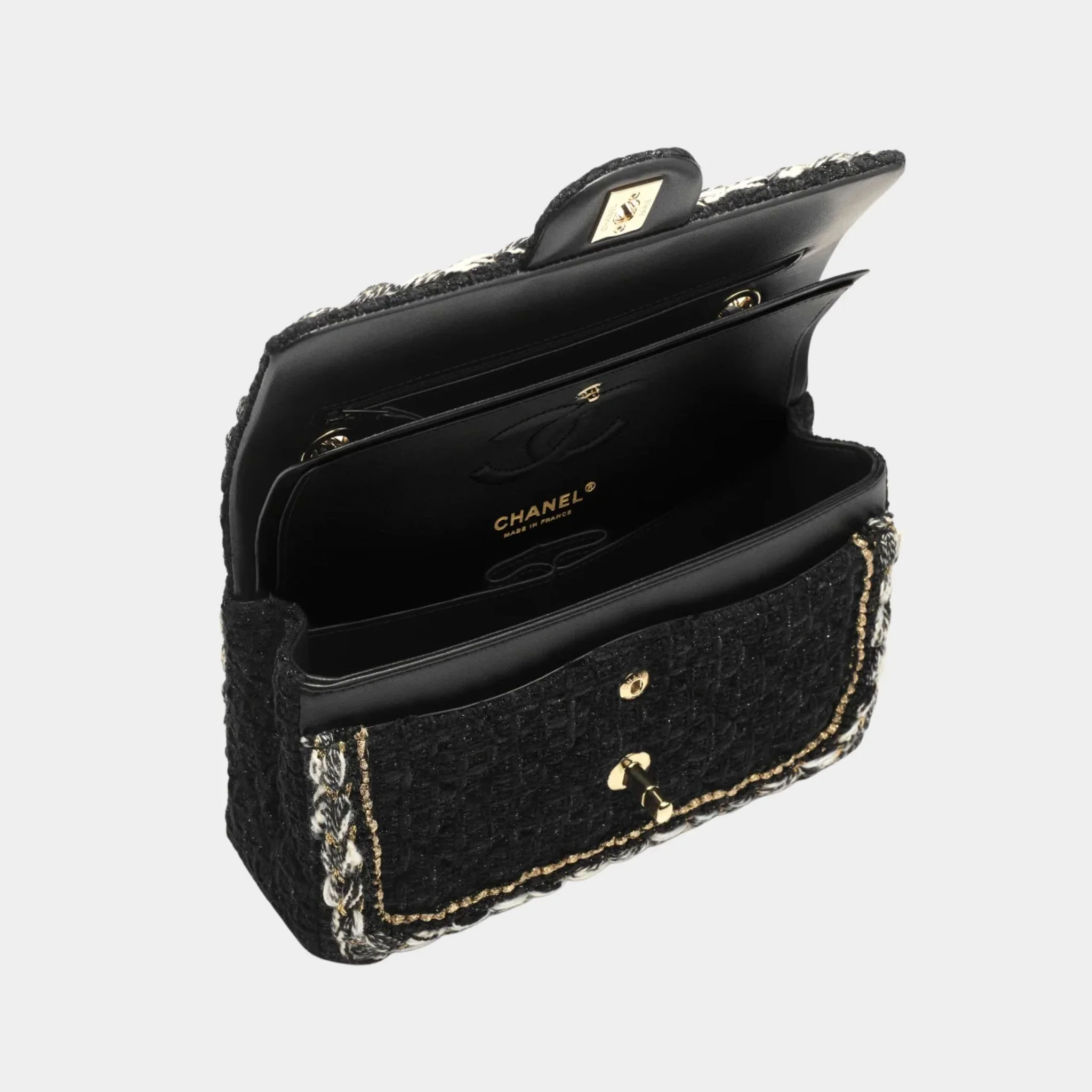 Small Classic Bag Cotton Tweed & Gold Metal Black - Image 2