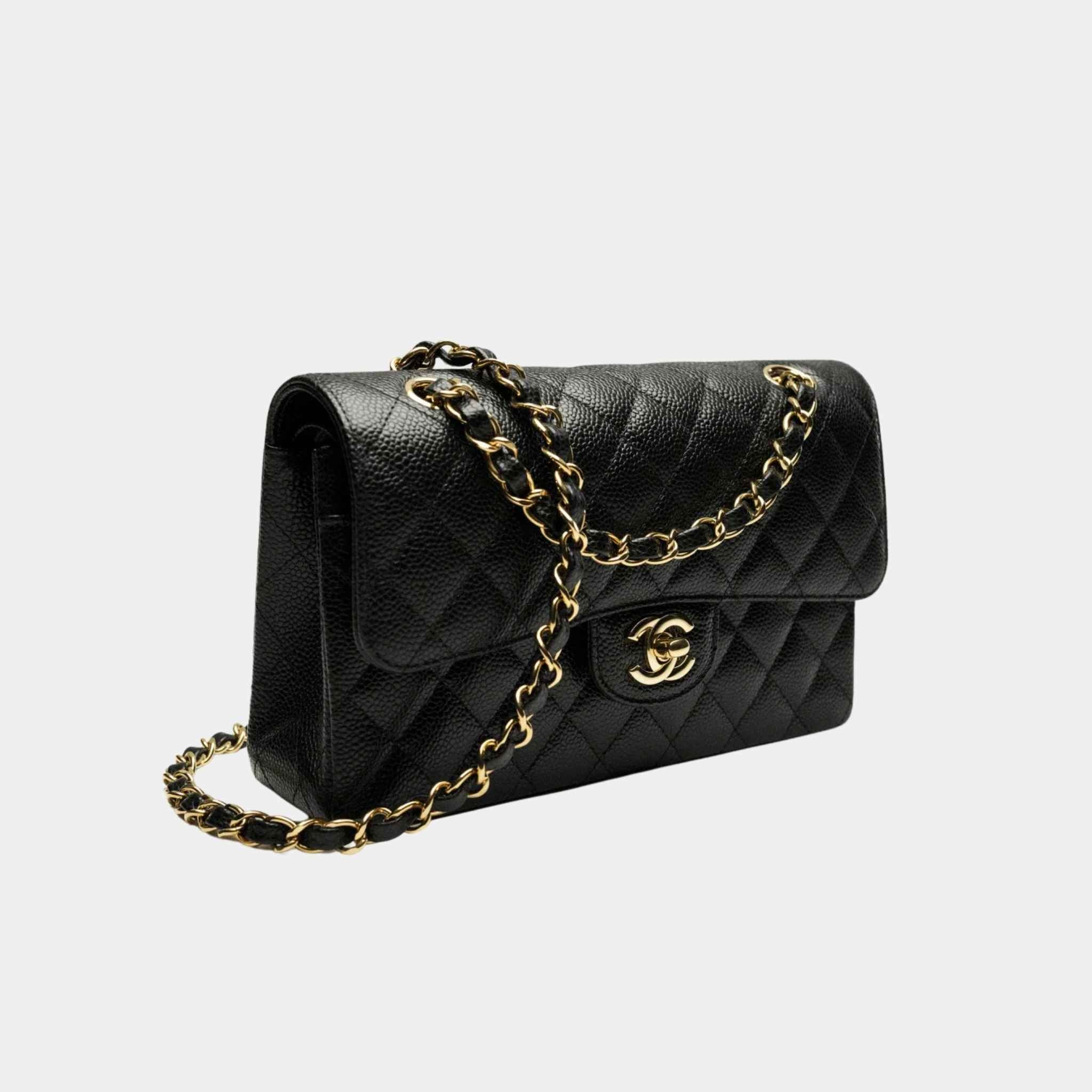 Small Classic Handbag Grained Calfskin Gold Tone Metal Black - Image 2