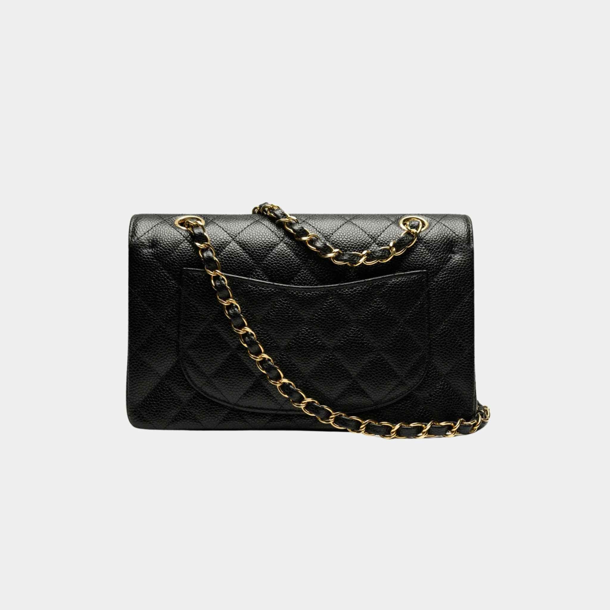 Small Classic Handbag Grained Calfskin Gold Tone Metal Black - Image 3