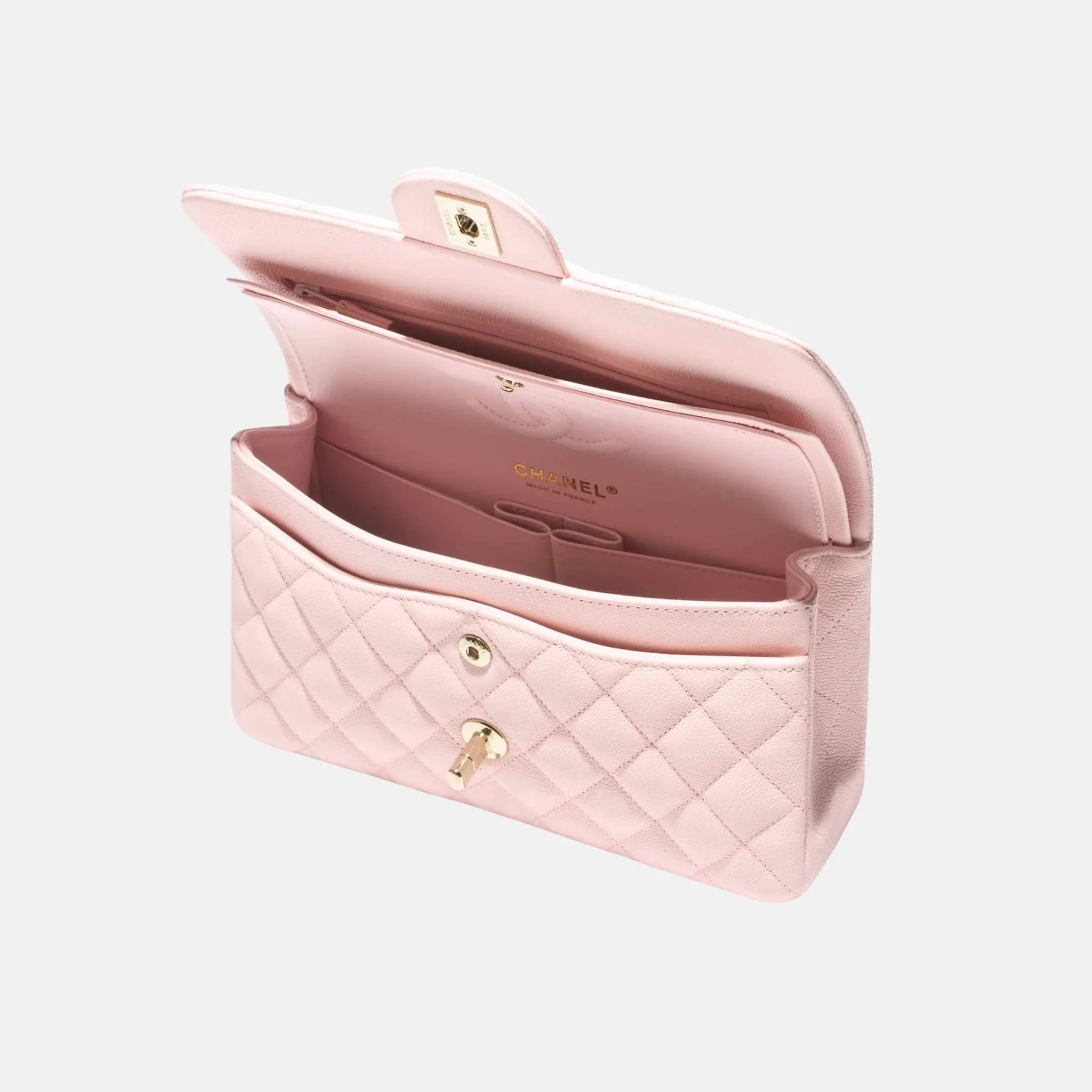 Small Classic Handbag Grained Shiny Calfskin in Gold Tone Metal - Image 2