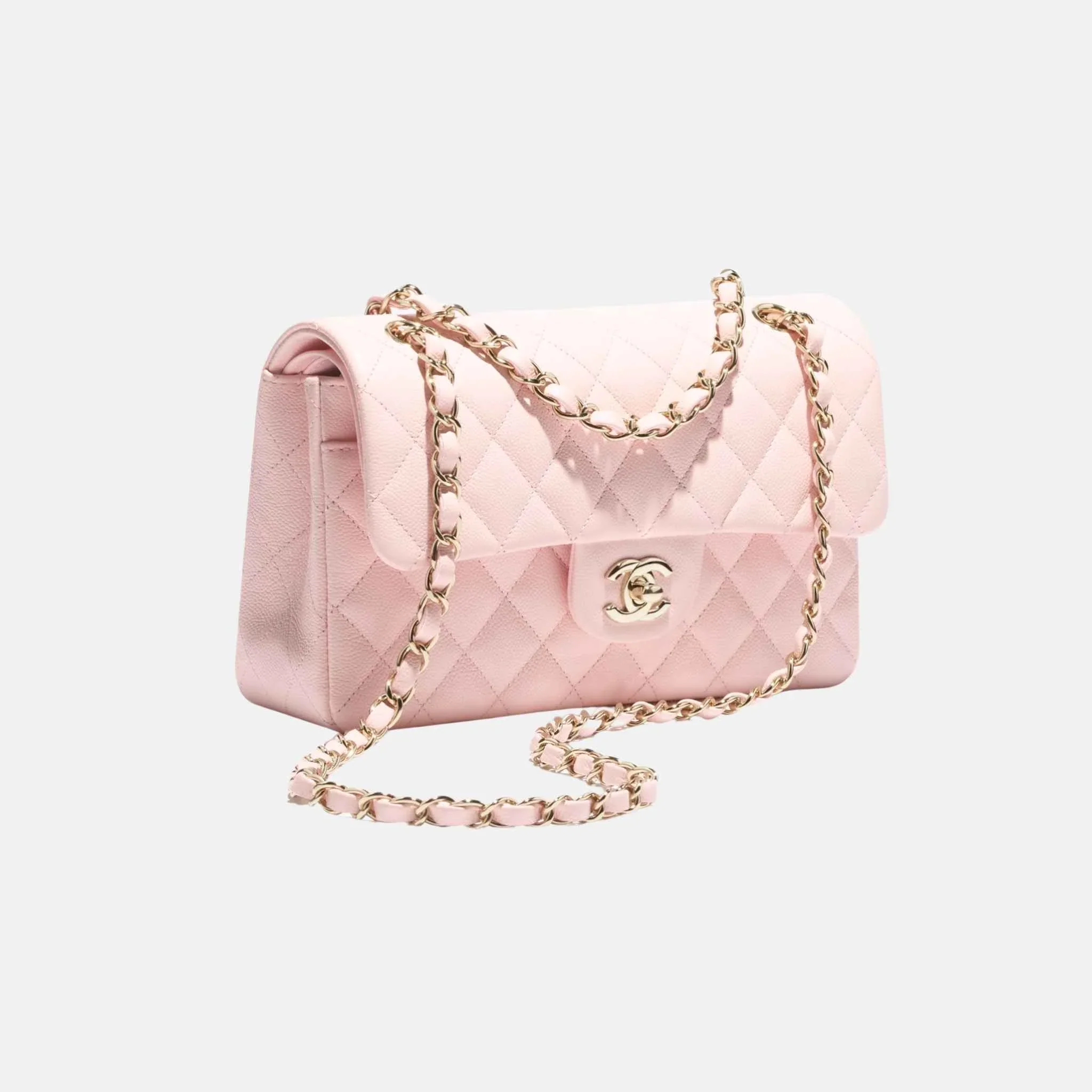 Small Classic Handbag Grained Shiny Calfskin in Gold Tone Metal - Image 3