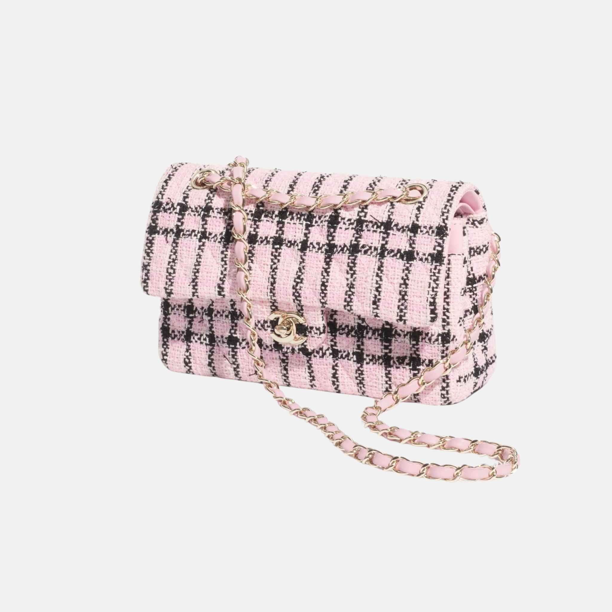 Small Classic Handbag In Tweed And Gold Metal - Image 3