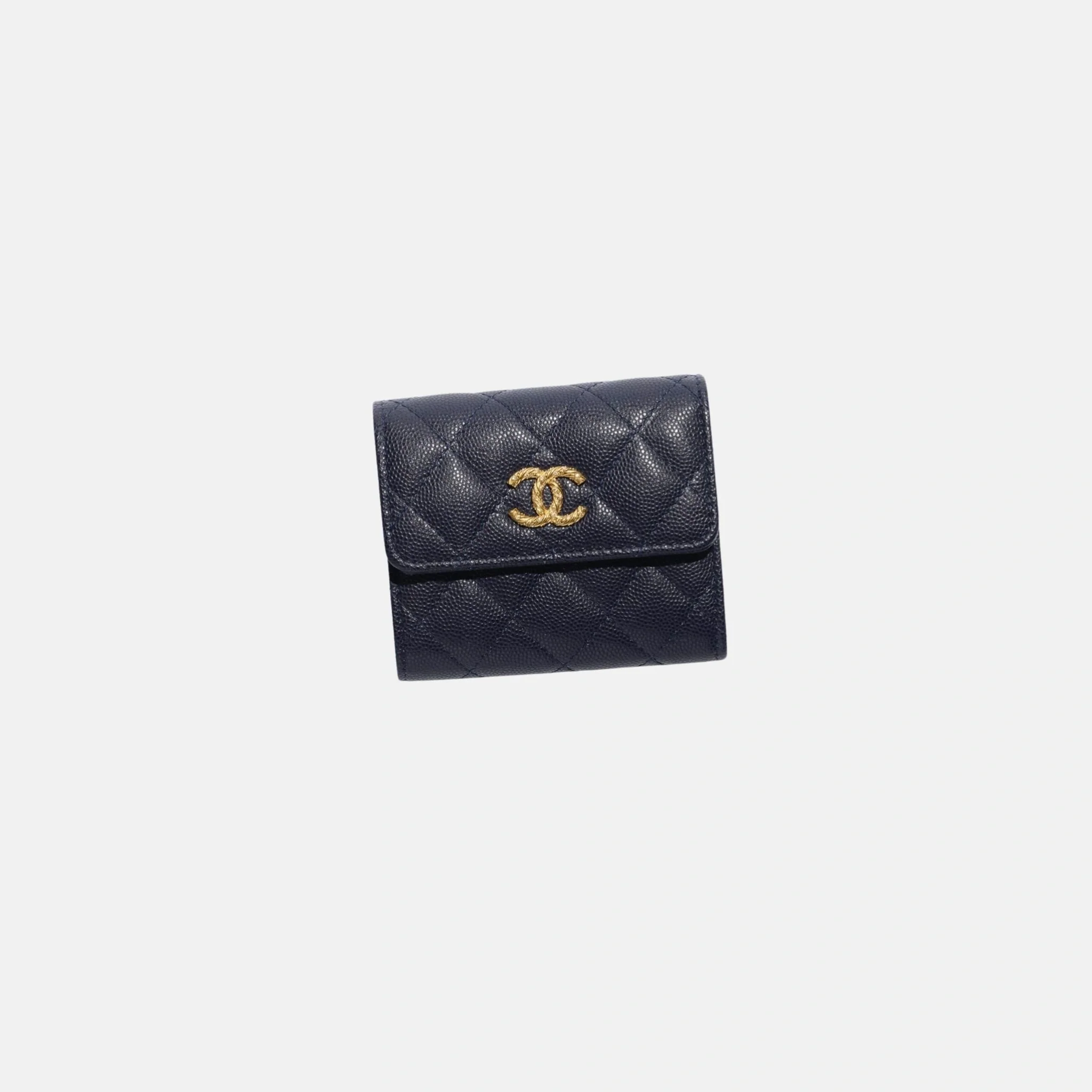 Small Double Wallet in Shiny Grained Calfskin Dark Blue with Gold Tone Metal