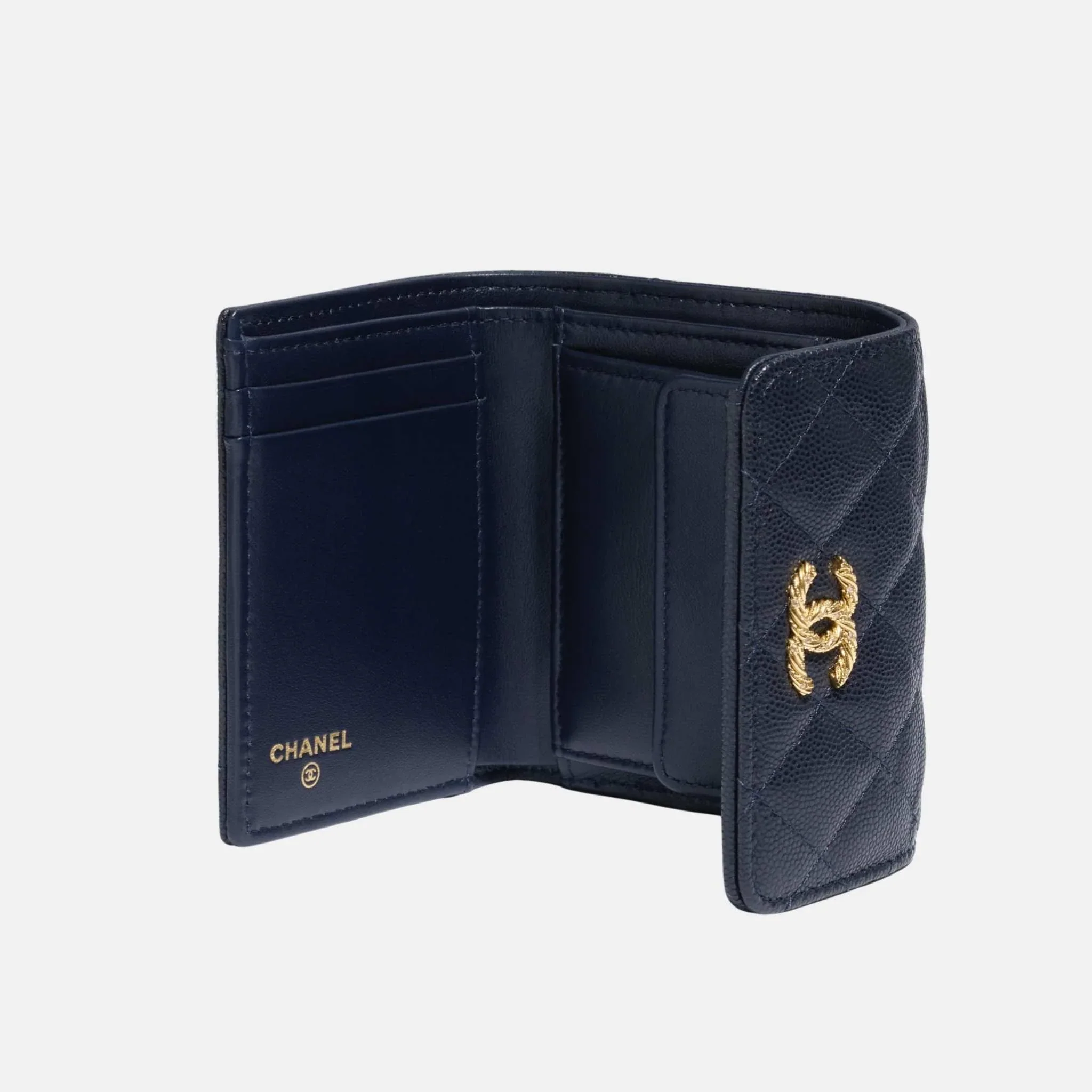 Small Double Wallet in Shiny Grained Calfskin Dark Blue with Gold Tone Metal - Image 2