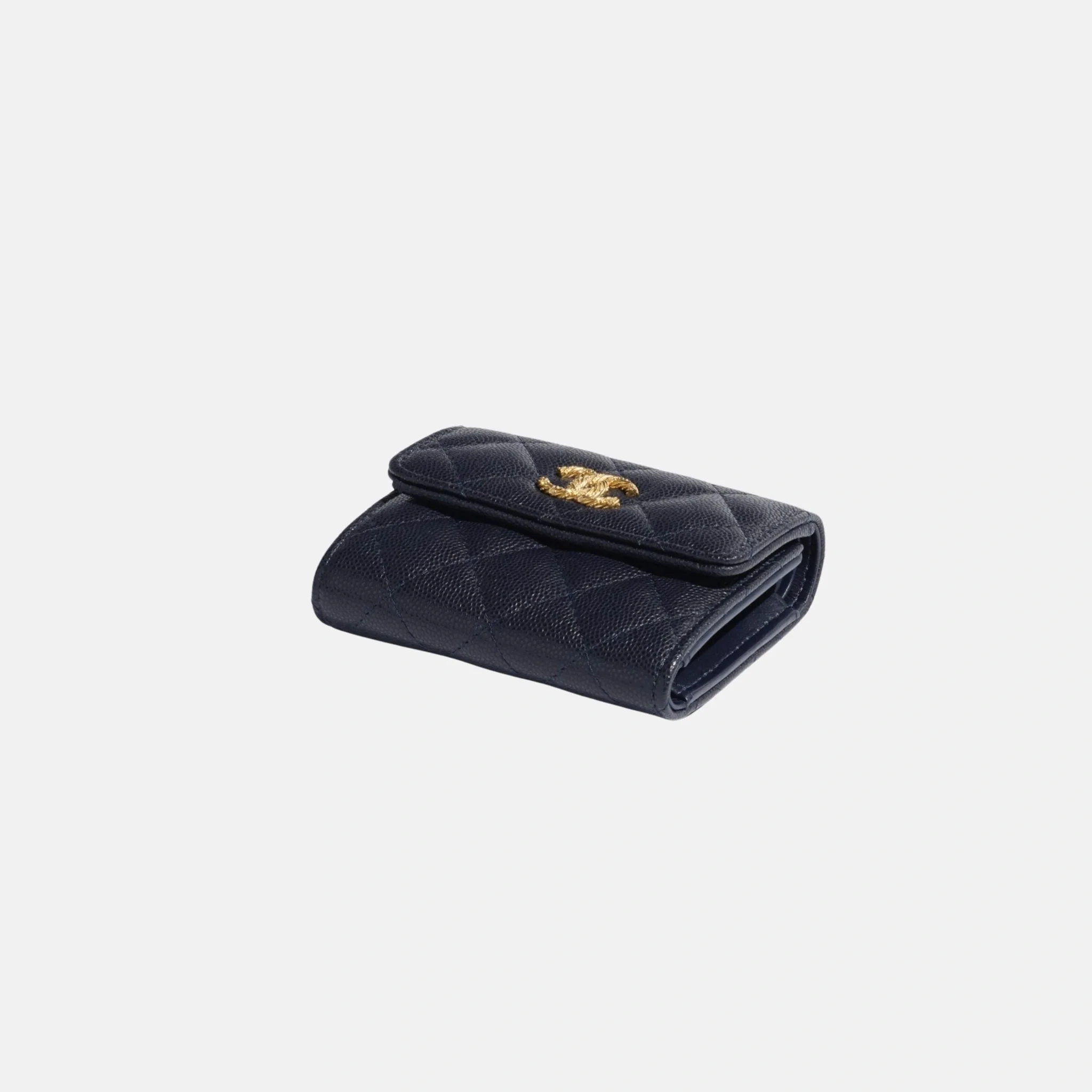 Small Double Wallet in Shiny Grained Calfskin Dark Blue with Gold Tone Metal - Image 3