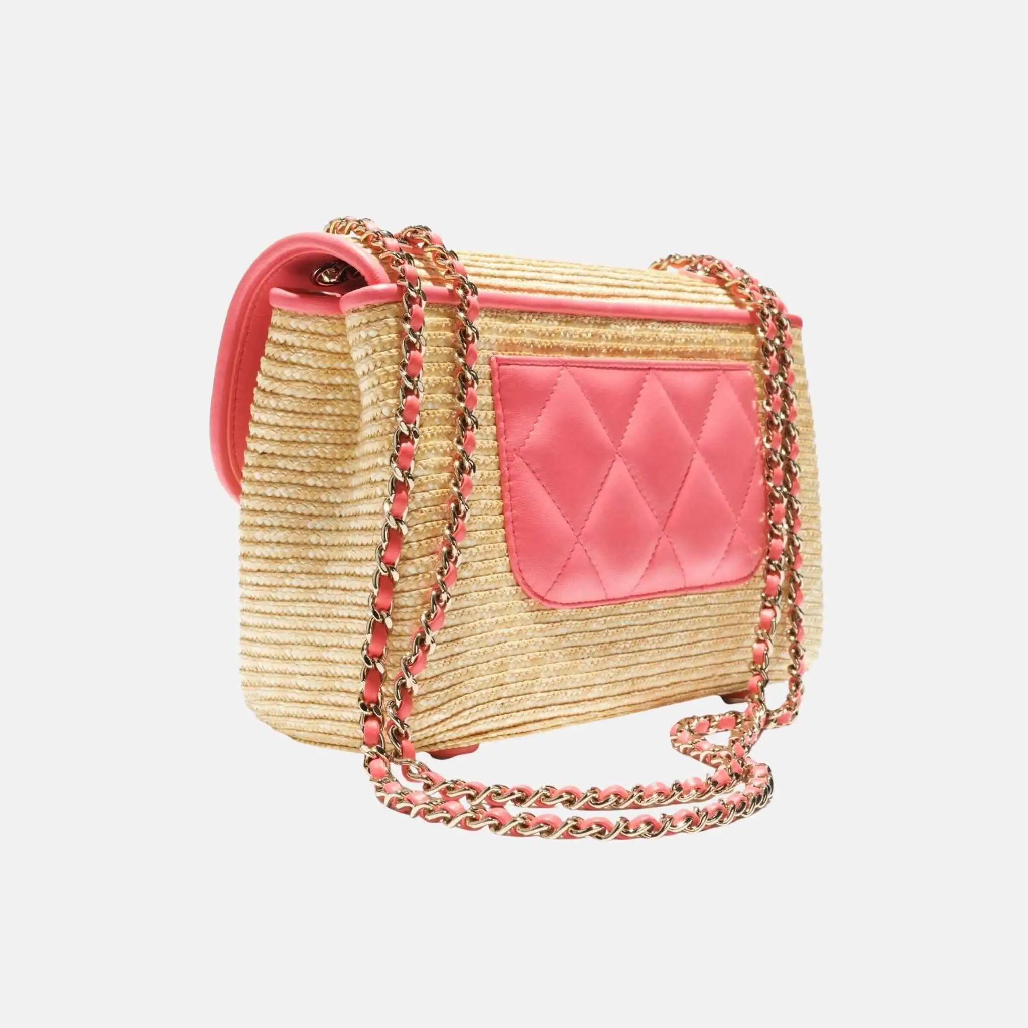 Small Flap Bag Braided Straw Lambskin Gold Tone Metal - Image 3