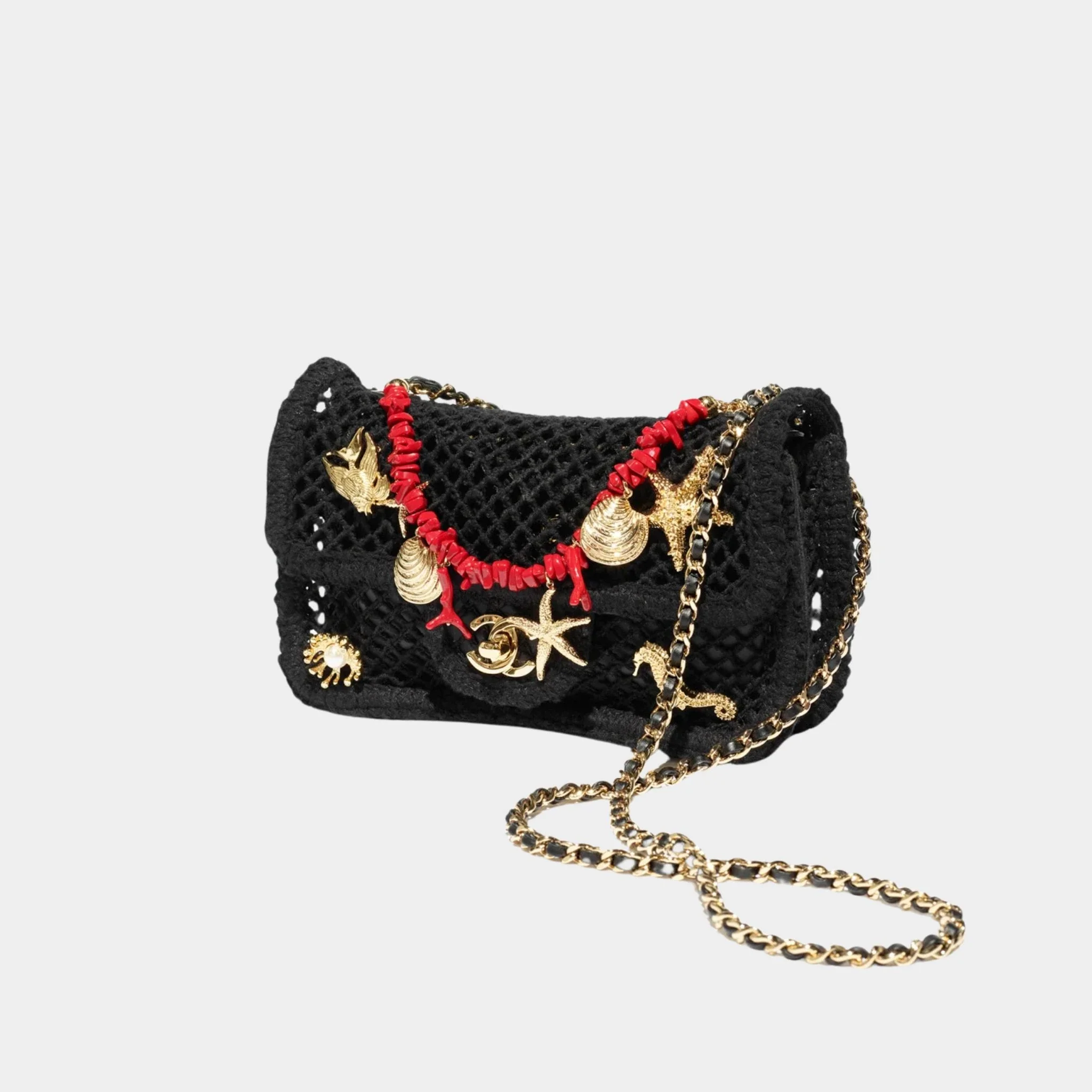 Small Flap Bag Fishnet Charms Resin & Gold-Plated Metal Black