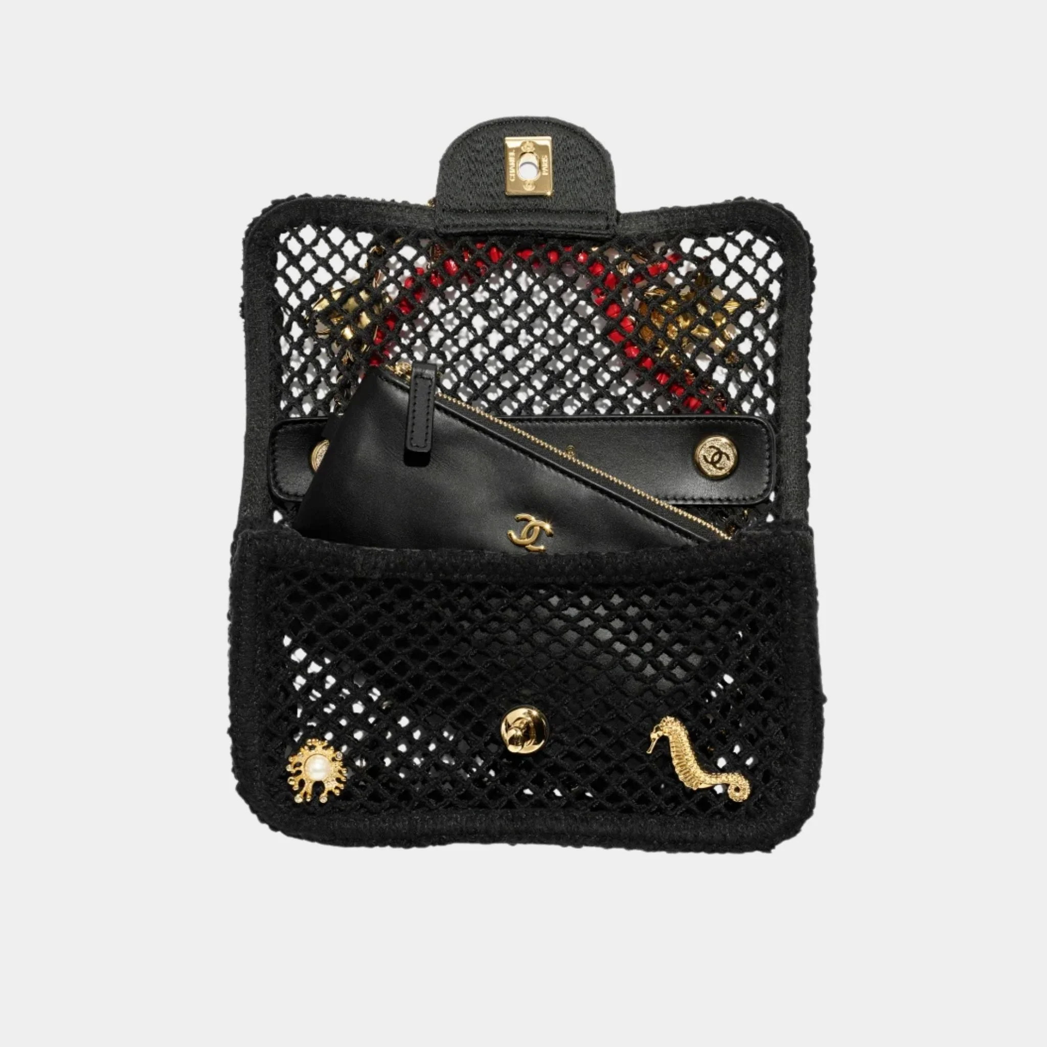 Small Flap Bag Fishnet Charms Resin & Gold-Plated Metal Black - Image 2