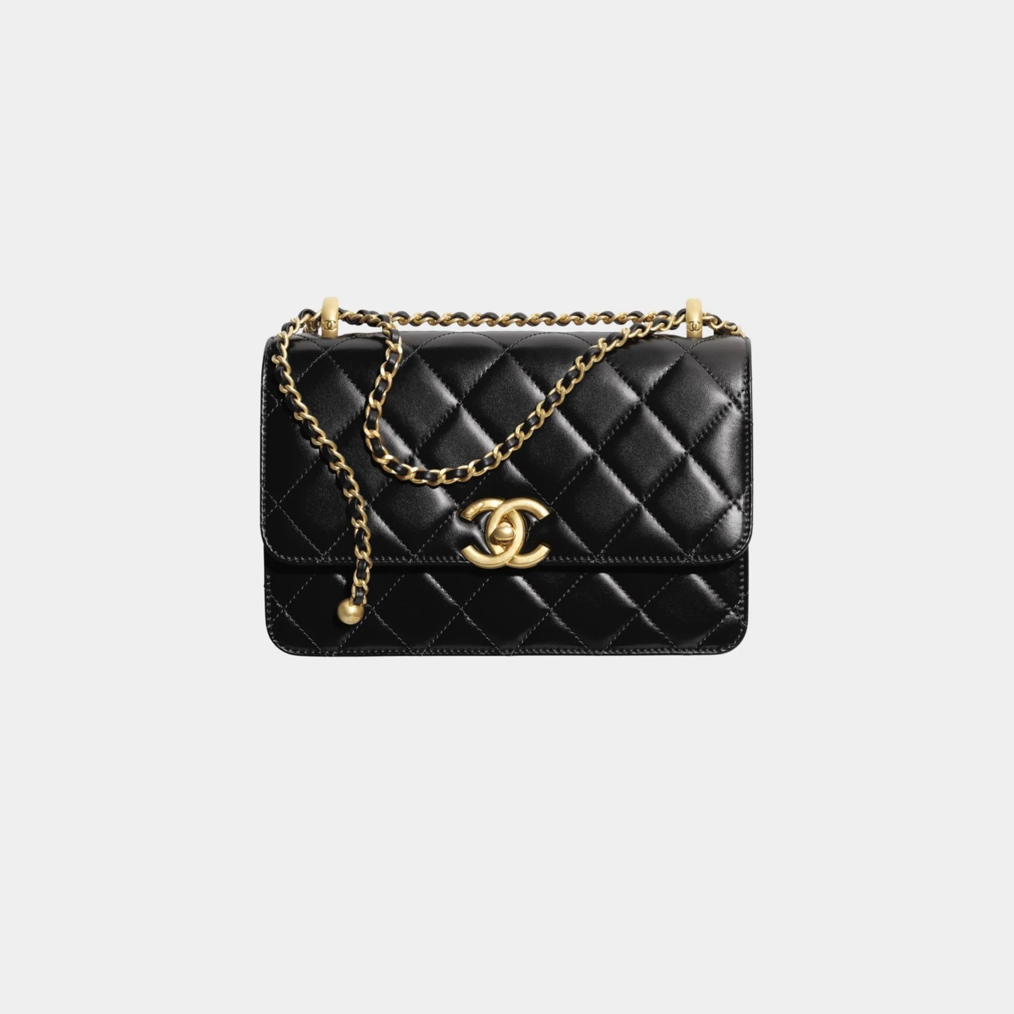 Small Flap Bag Shiny Calskin & Gold Tone Metal Black