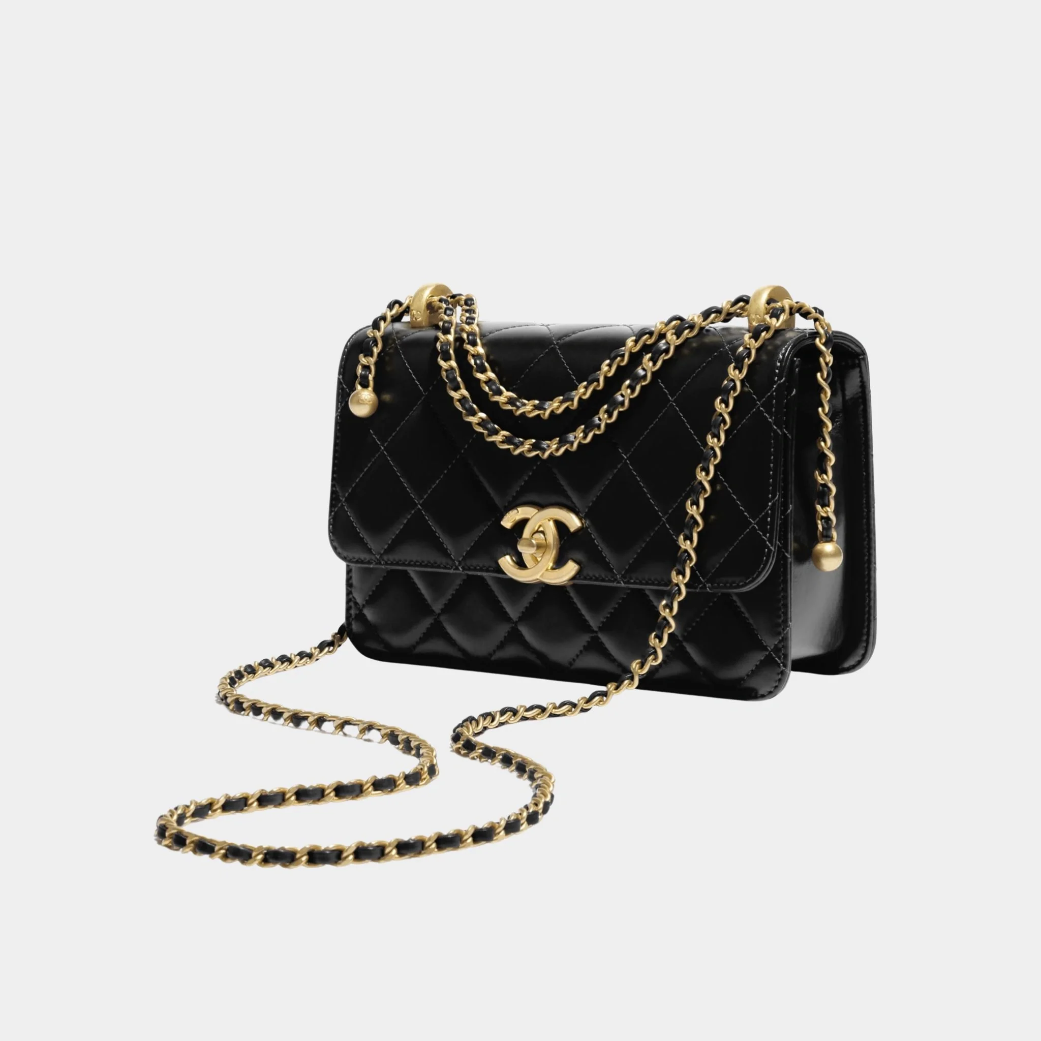 Small Flap Bag Shiny Calskin & Gold Tone Metal Black - Image 3