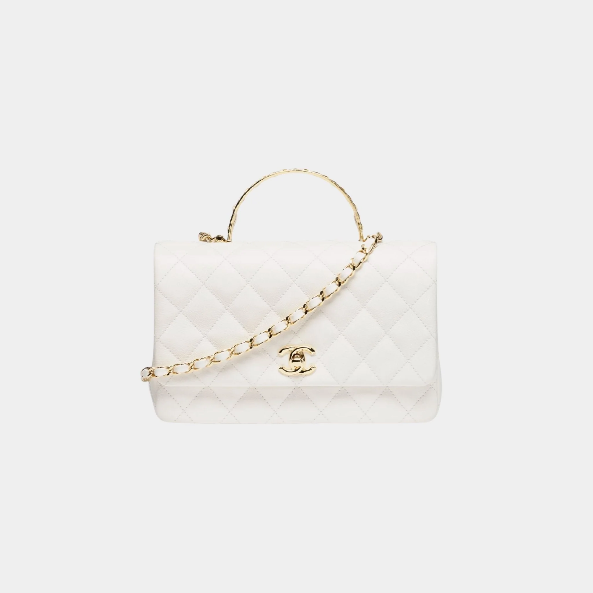 Small Flap Bag With Top handle Grained Shiny Calfskin & Gold Tone Metal White