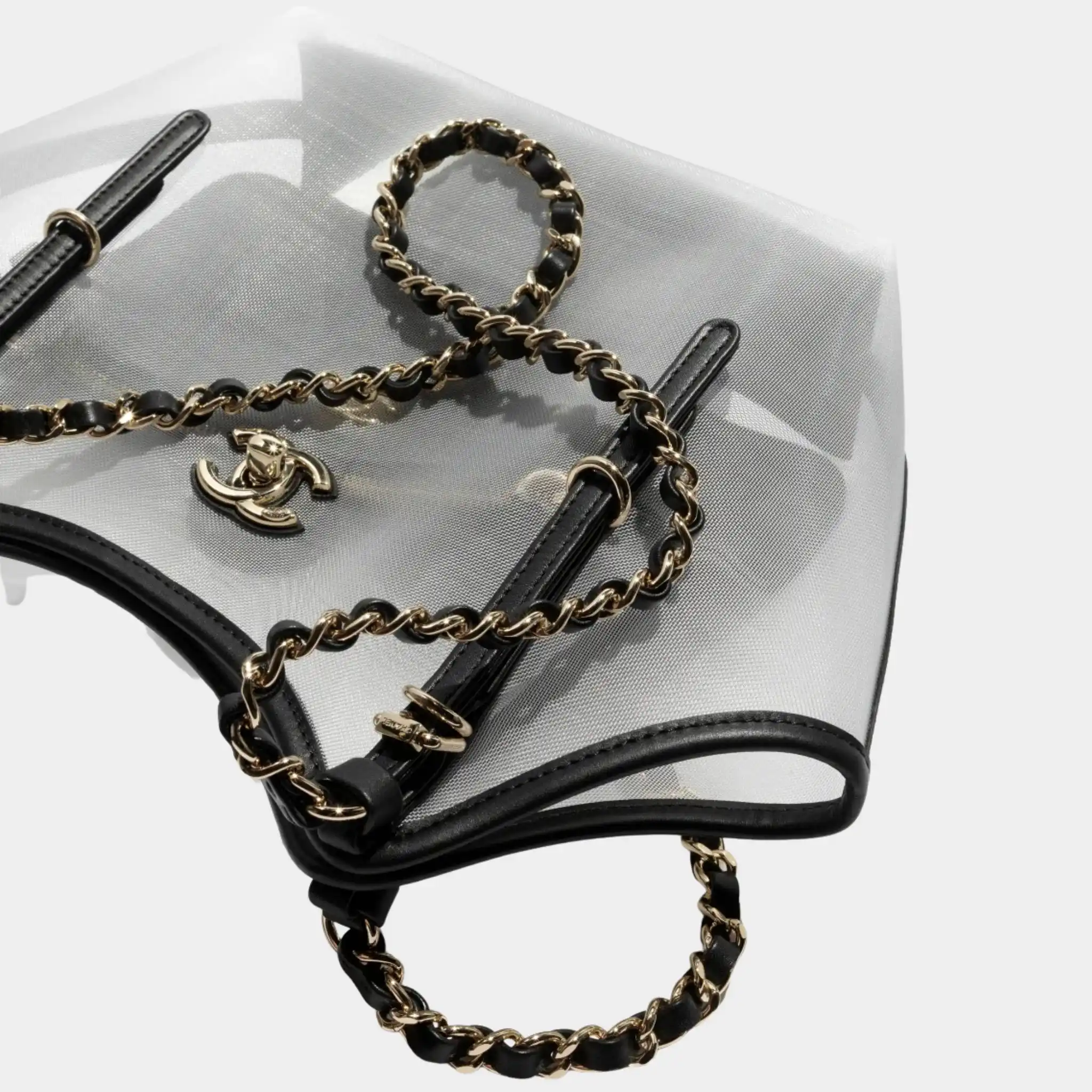 Small Tote Bag Fishnet Calfskin & Gold-Tone Metal Transparent & Black - Image 2