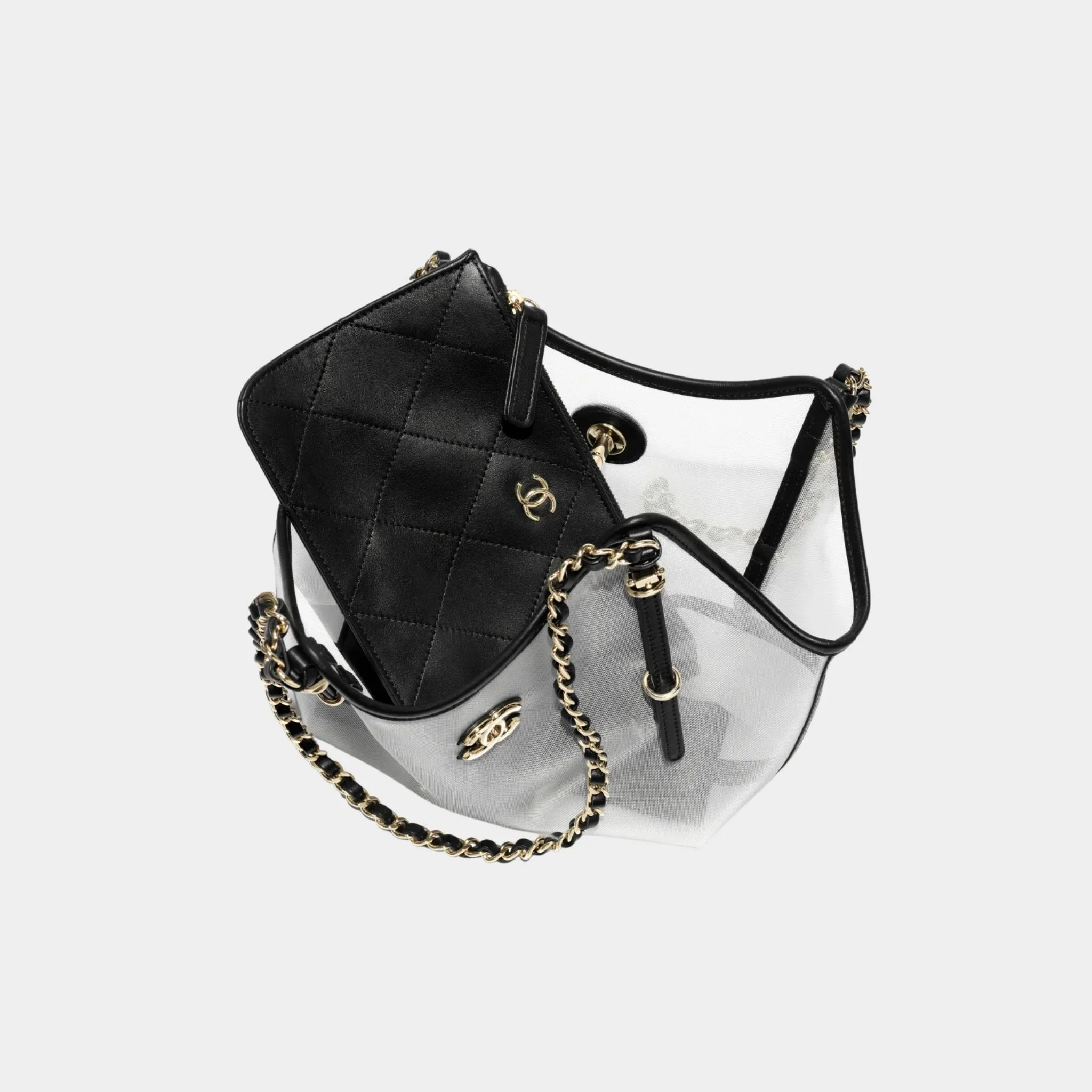 Small Tote Bag Fishnet Calfskin & Gold-Tone Metal Transparent & Black - Image 3
