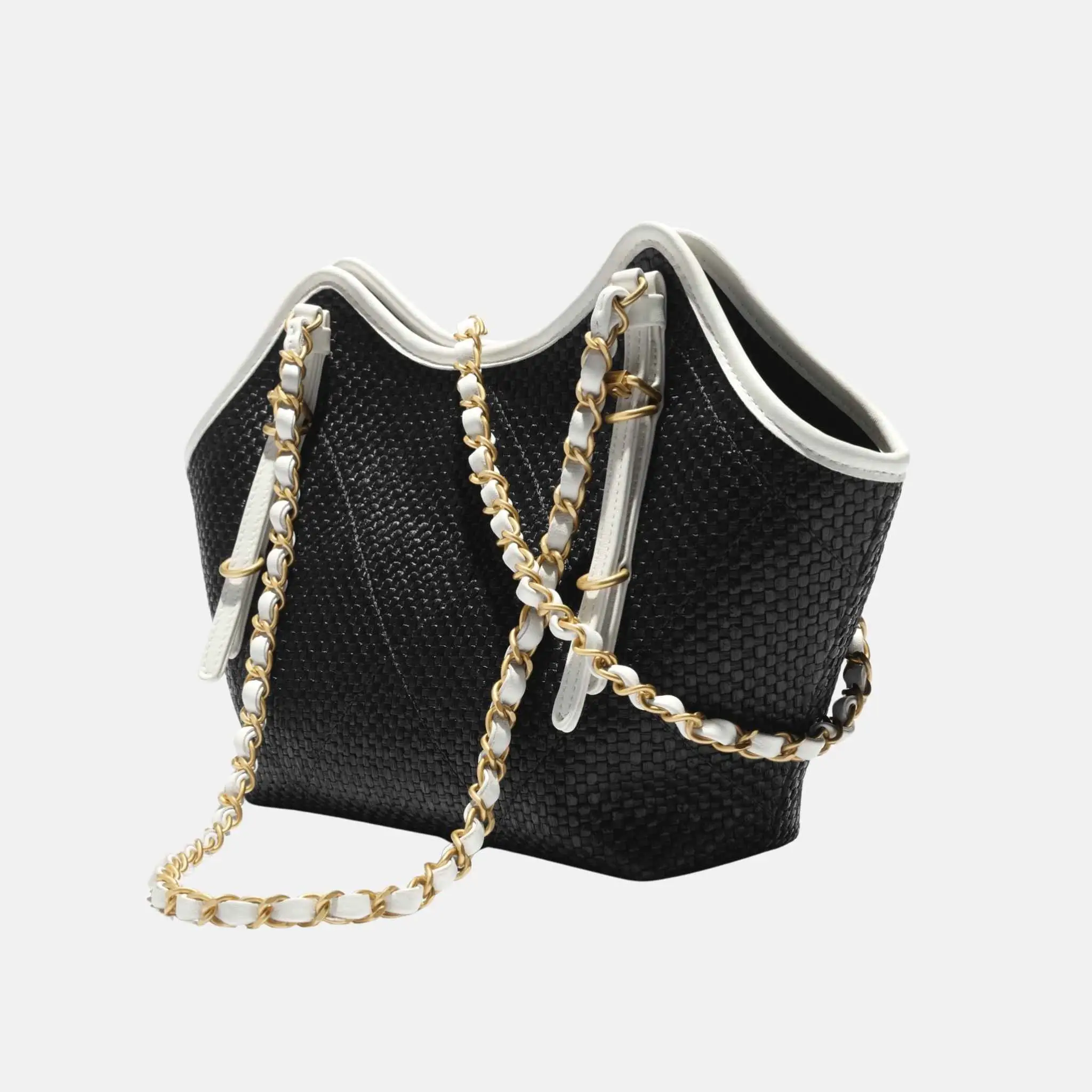 Small Tote in Braided Raffia Calfskin and Gold Tone Metal - Image 2