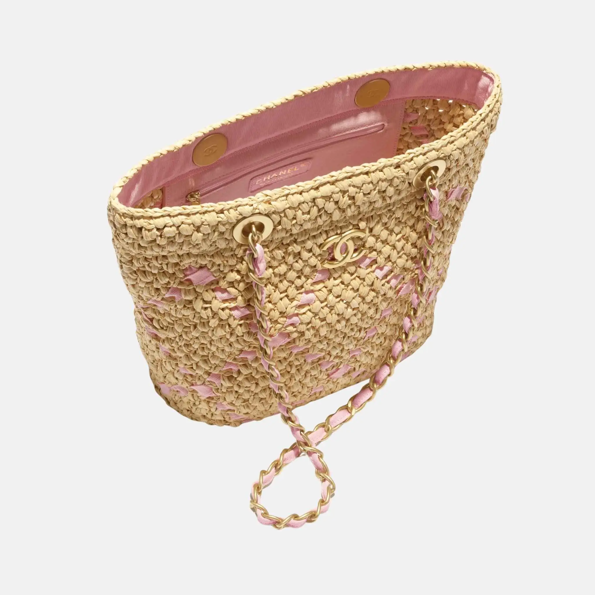 Small Tote Braided Raffia Cotton Grosgain Ribbon & gold tone metal - Image 2