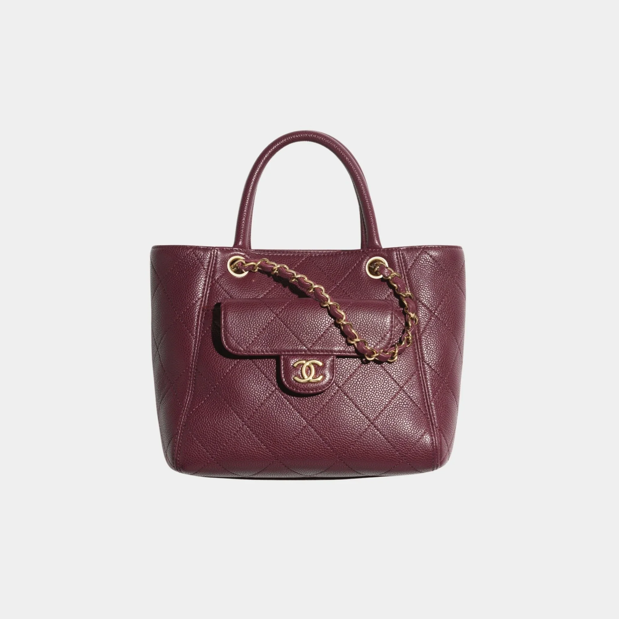 Small Tote Grained Calfskin & Gold Tone Metal Dark Burgundy