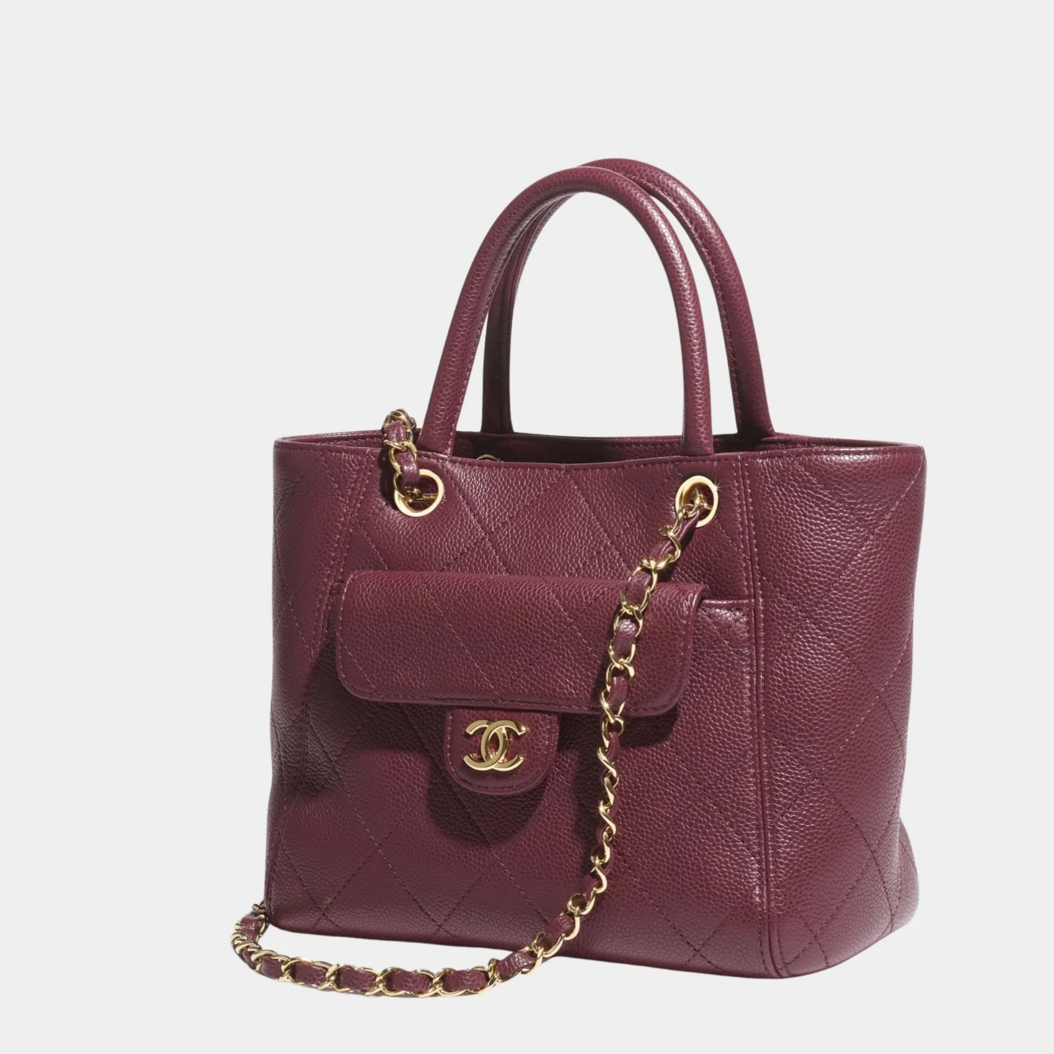 Small Tote Grained Calfskin & Gold Tone Metal Dark Burgundy - Image 2