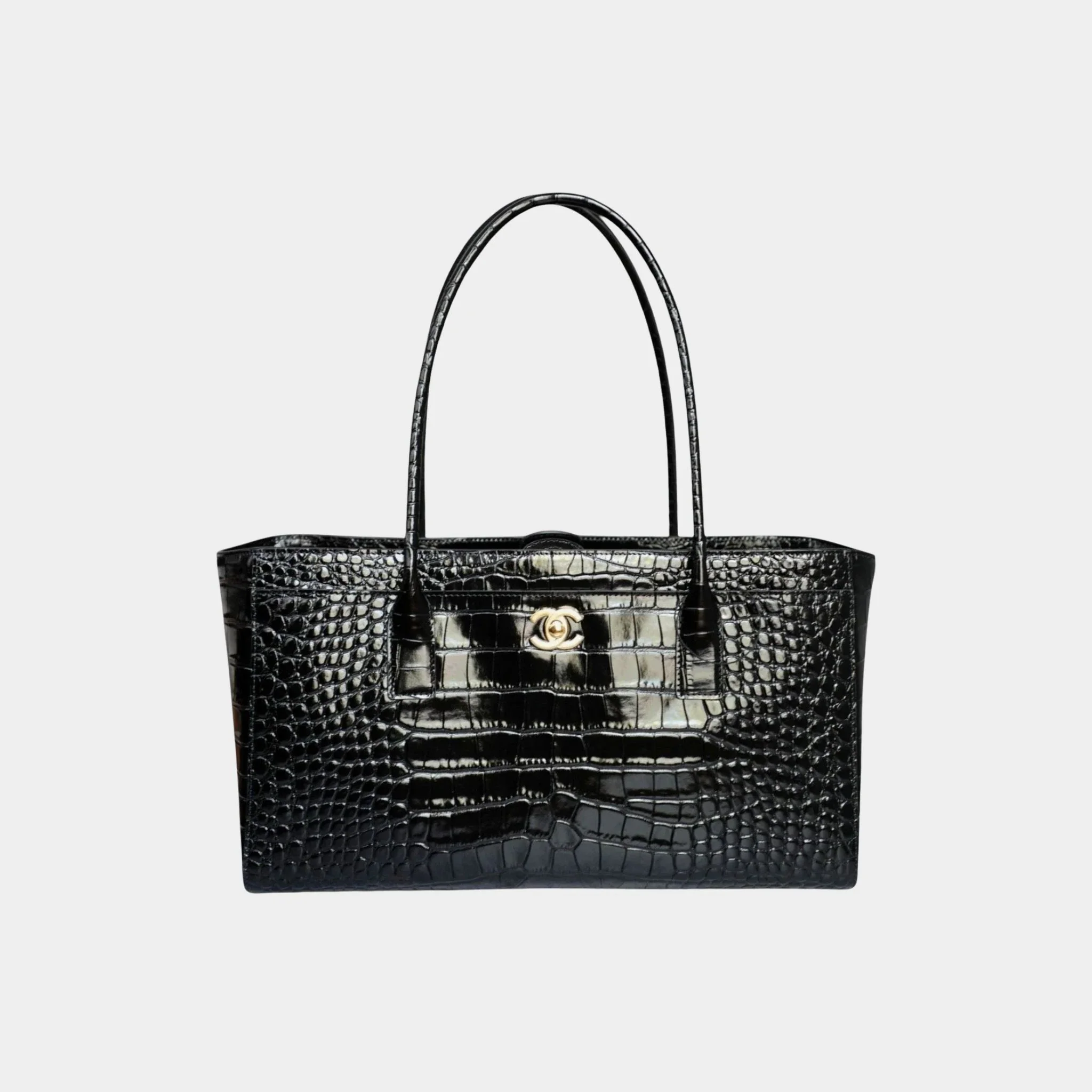 Small Tote in Crocodile Embossed Calfskin & Gold-Tone Metal Black