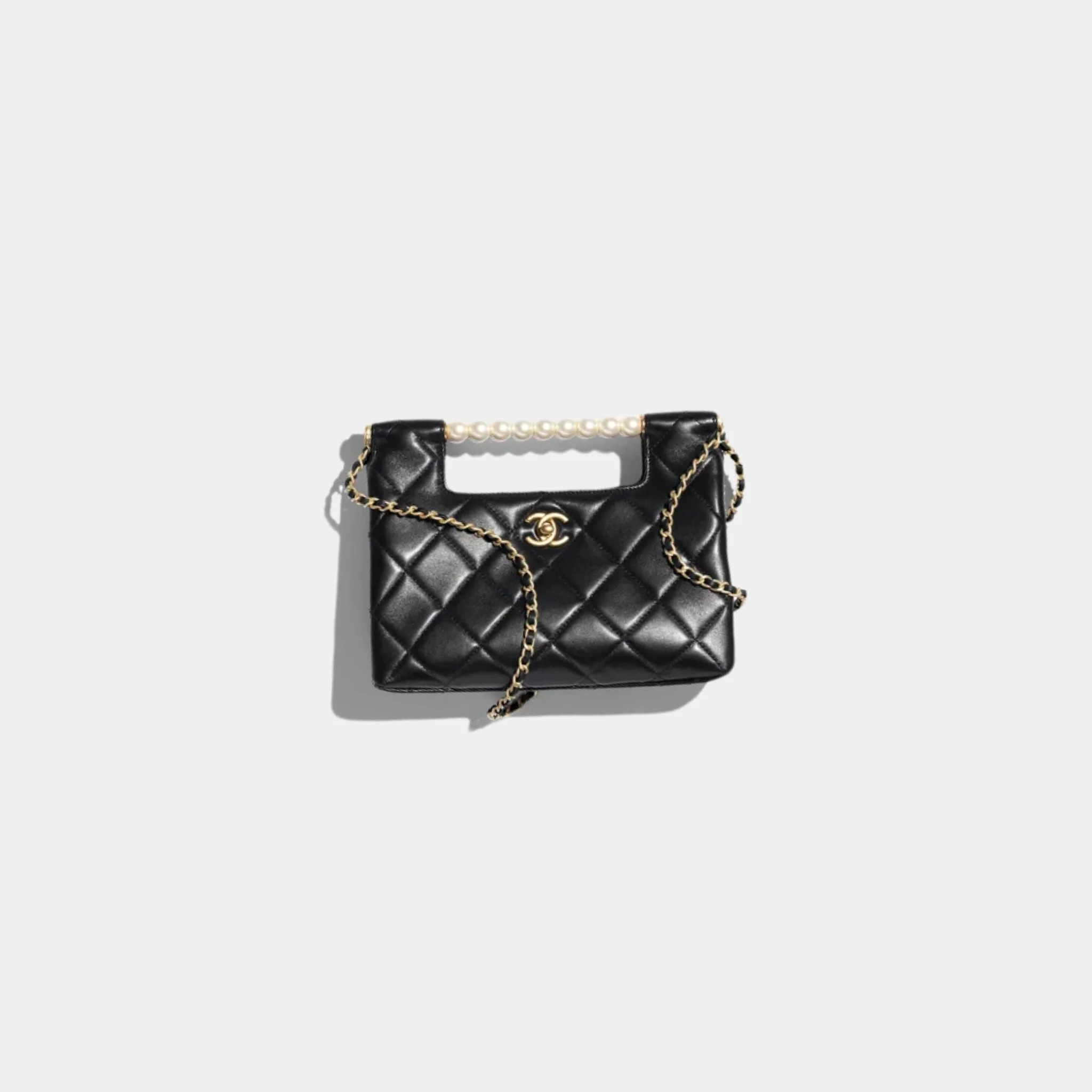 Small Tote Shiny Lambskin Pearls Gold-Tone Metal Black