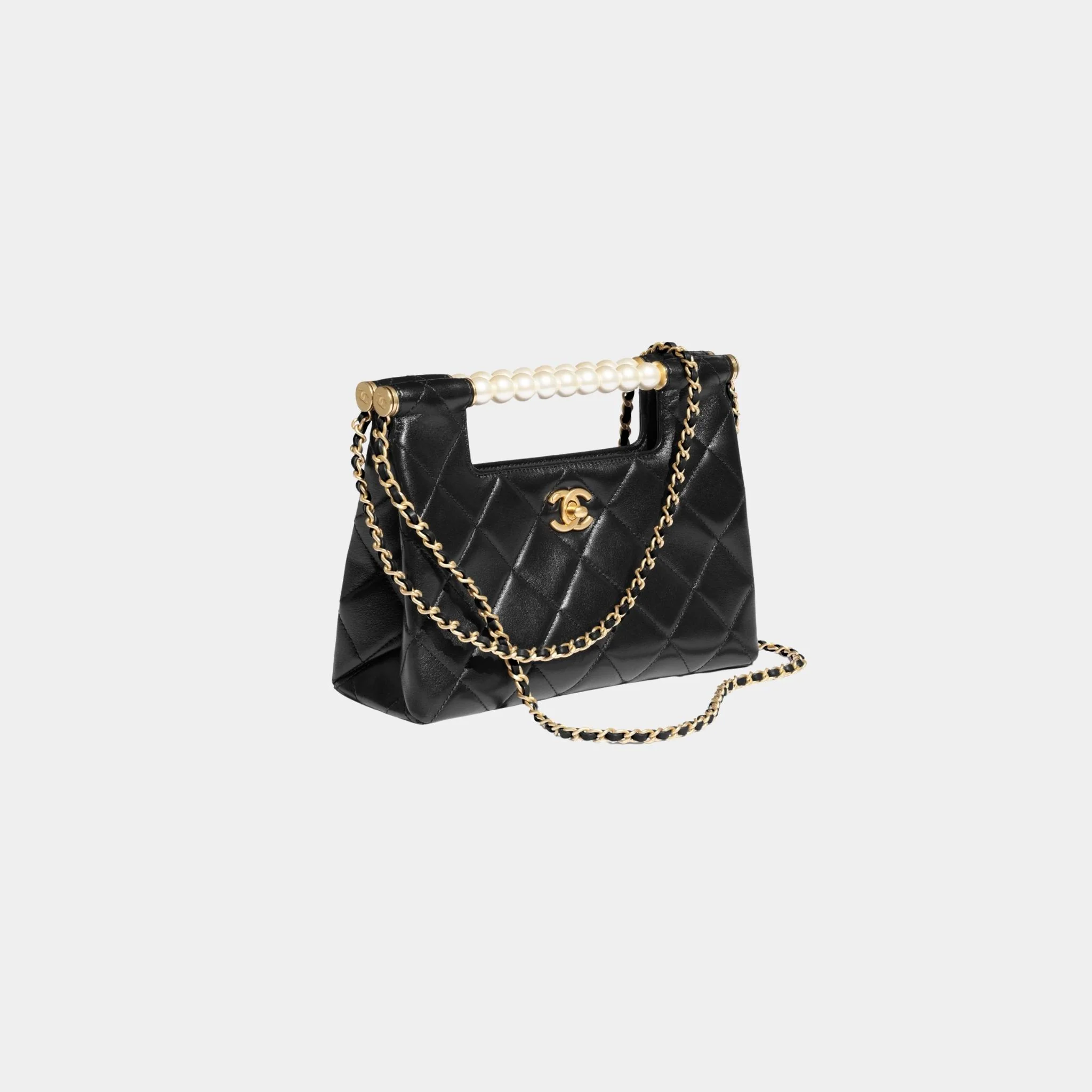 Small Tote Shiny Lambskin Pearls Gold-Tone Metal Black - Image 2