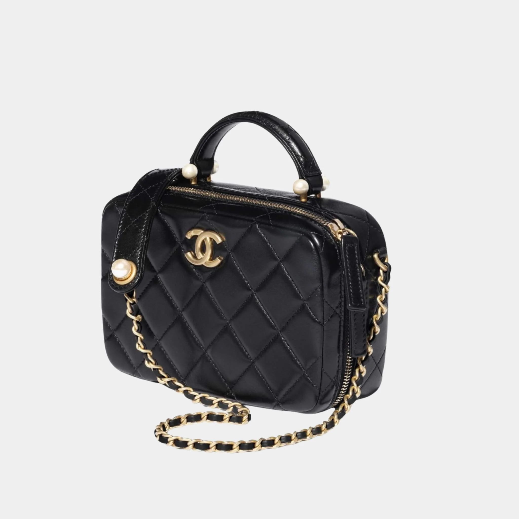 Small Vanity Case in Shiny Lambskin with Imitation Pearls - Image 2