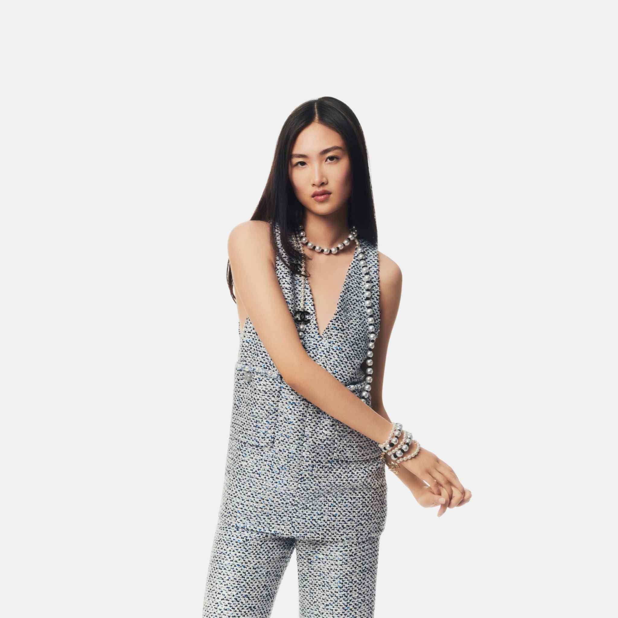 Top Glittered Tweed And Imitation Pearls White Blue And Black - Image 2