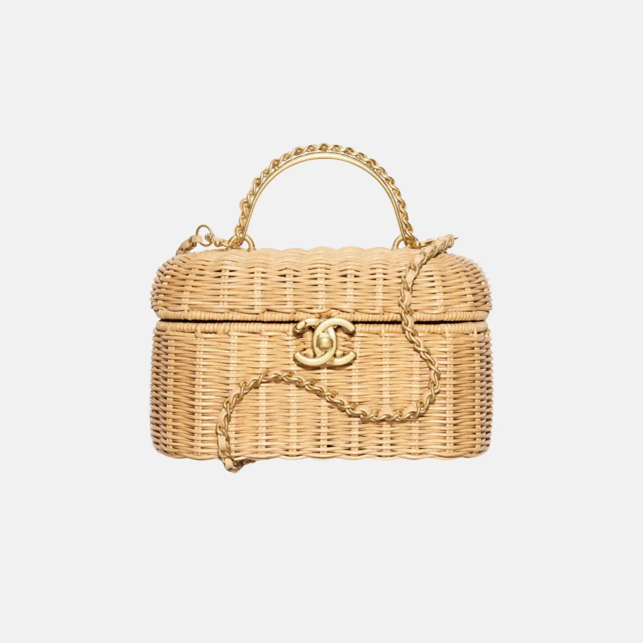 Vanity Case Braided Rattan Gold Tone Metal in Beige