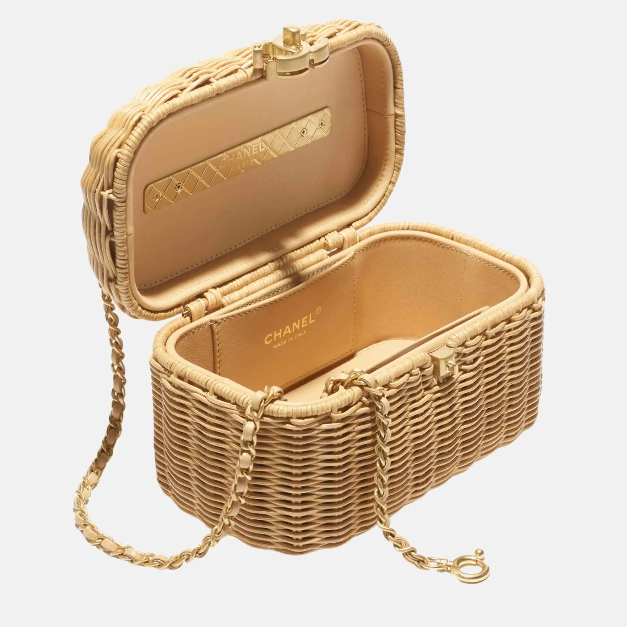 Vanity Case Braided Rattan Gold Tone Metal in Beige - Image 2