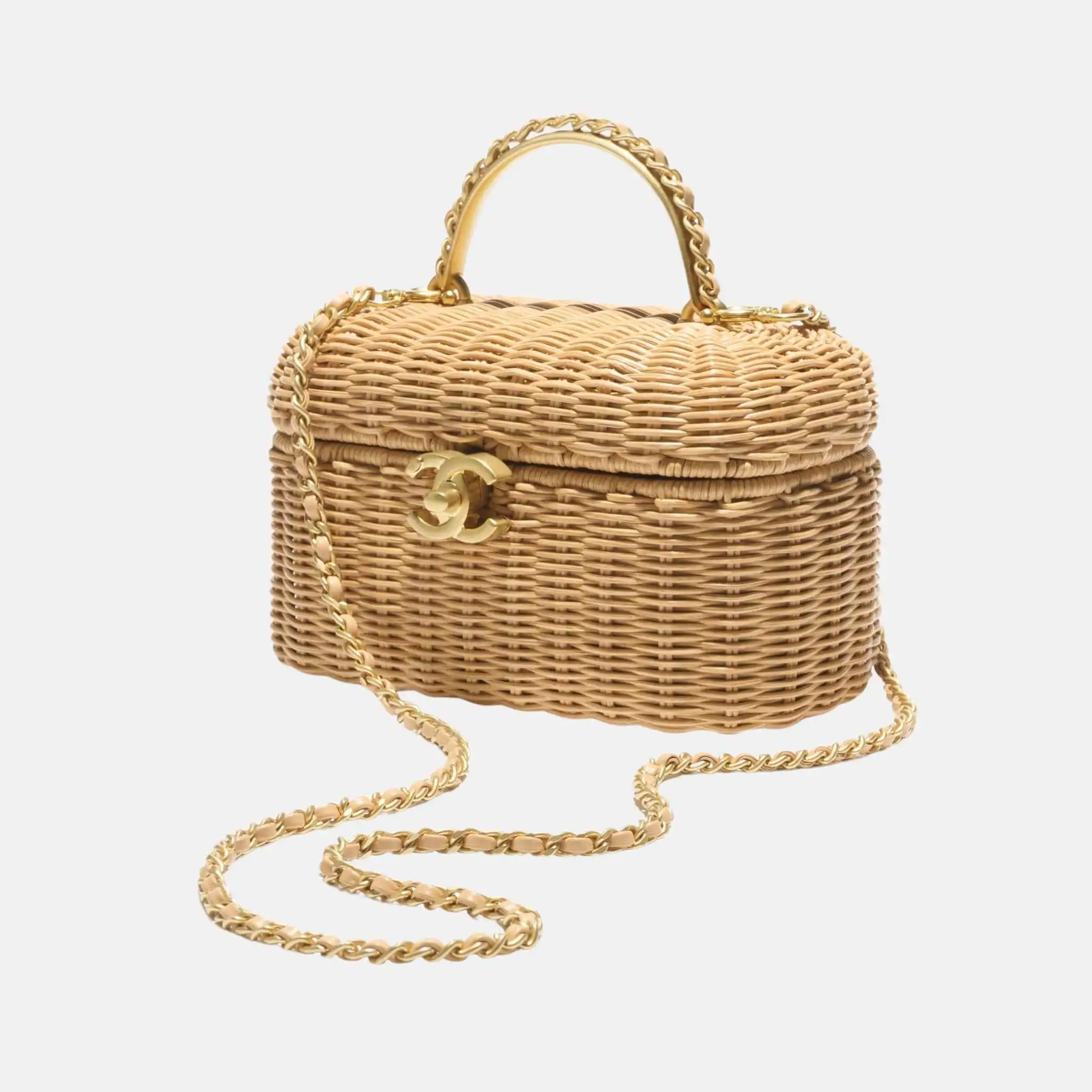 Vanity Case Braided Rattan Gold Tone Metal in Beige - Image 3