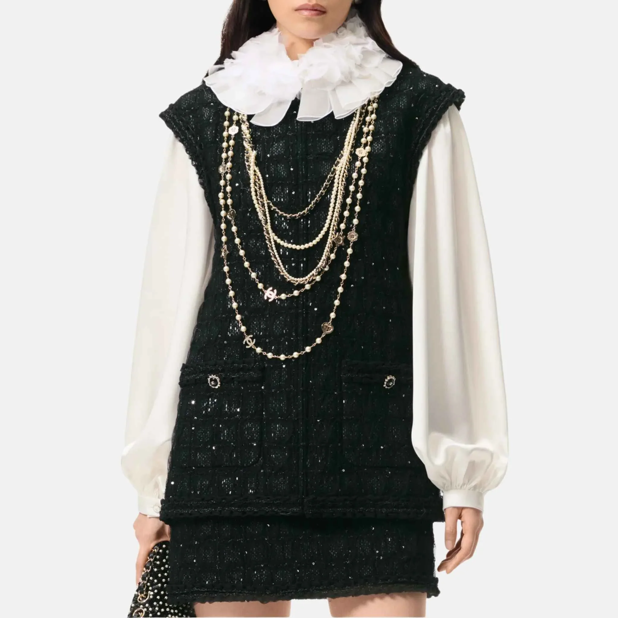 Vest Sequin Embroidered Iridescent Woollen Tweed And Tulle